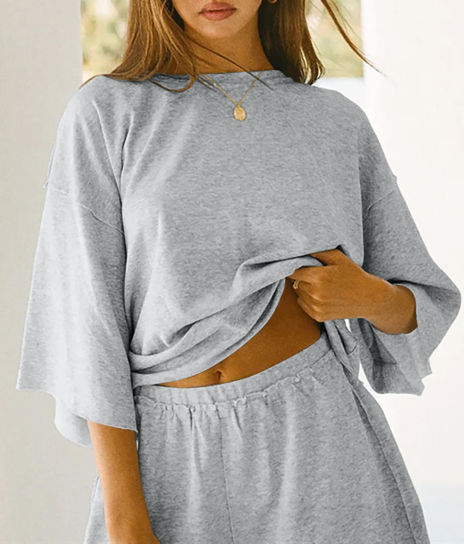 Imily Bela Womens Pajama Sets 3/4 Sleeve Oversized Tops & Loose Fit Shorts Lounge Set With Pockets Loungewear