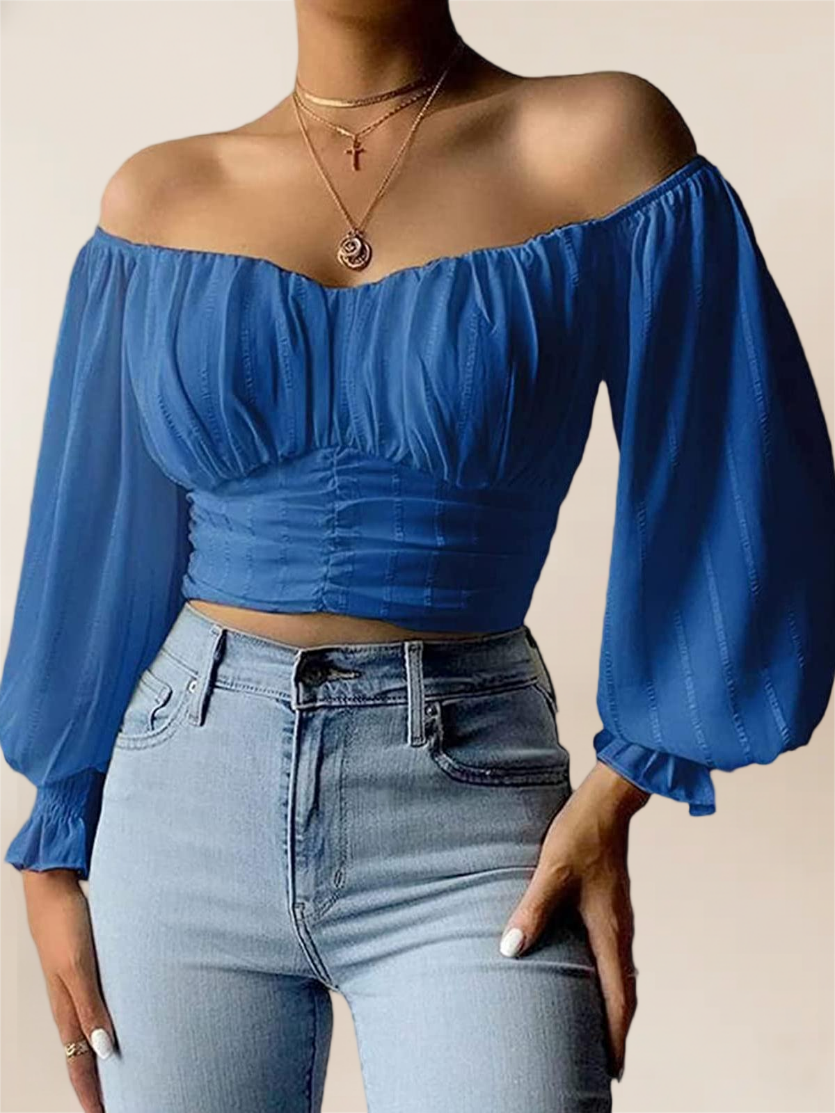 Imily Bela Womens Elegant Off The Shoulder Puff Sleeve Blouse Summer Chiffon Slim Fit Party Crop Top