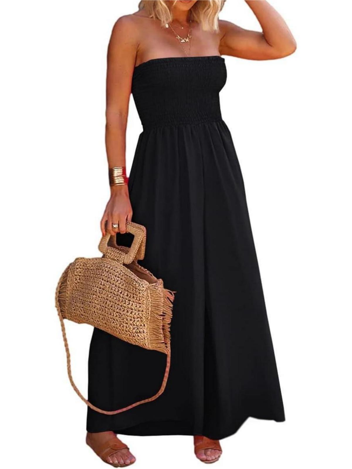 Imily Bela Womens Sleeveless Strapless Wide Leg Jumpsuits Summer Casual Loose Smocked Chiffon Jumpsuit Rompers with Pockets