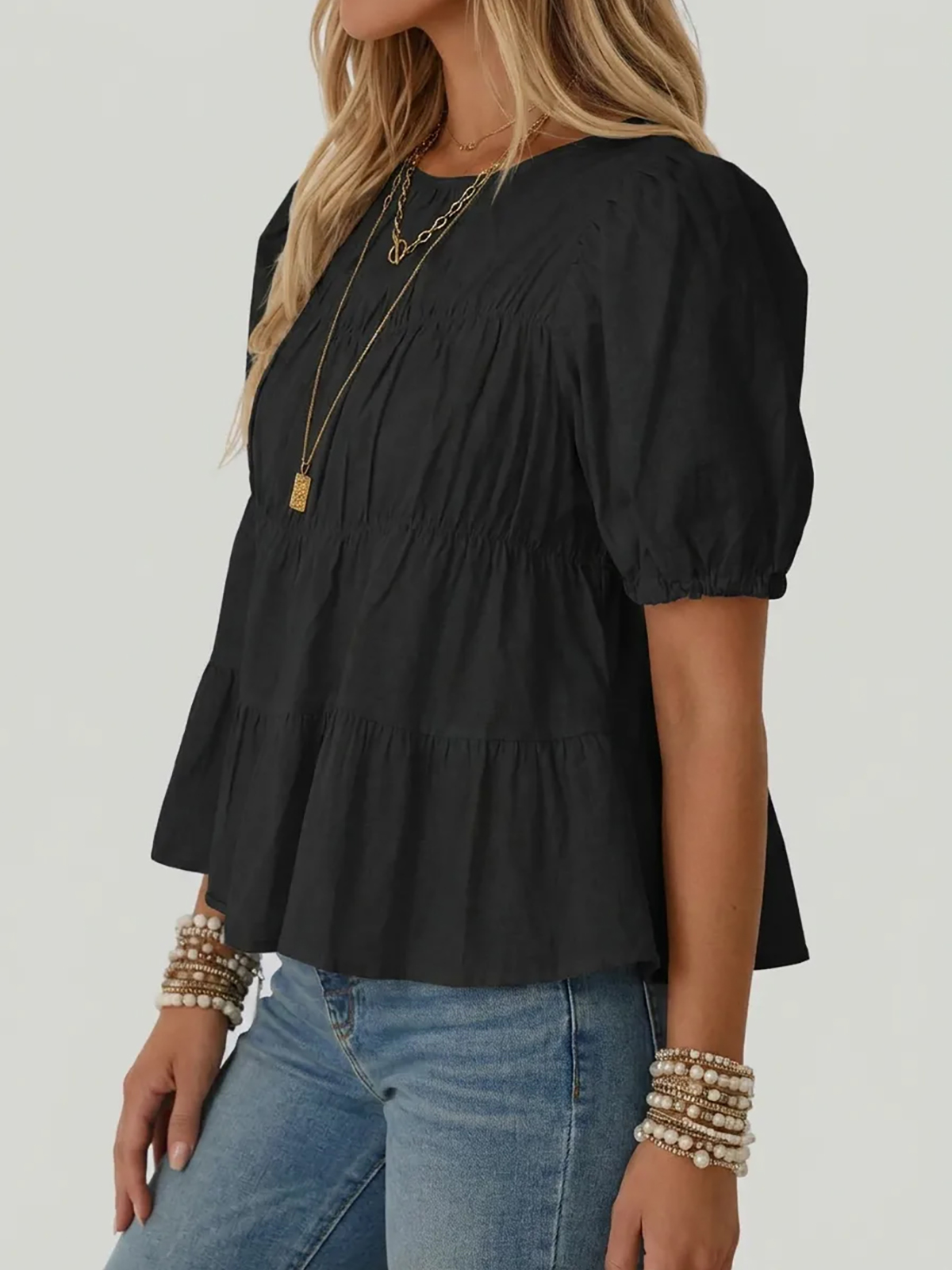 Womens Puff Sleeve Peplum Babydoll Tops Summer Flowy Pleated Cotton T-Shirts Casual Loose Fit Cute Blouse