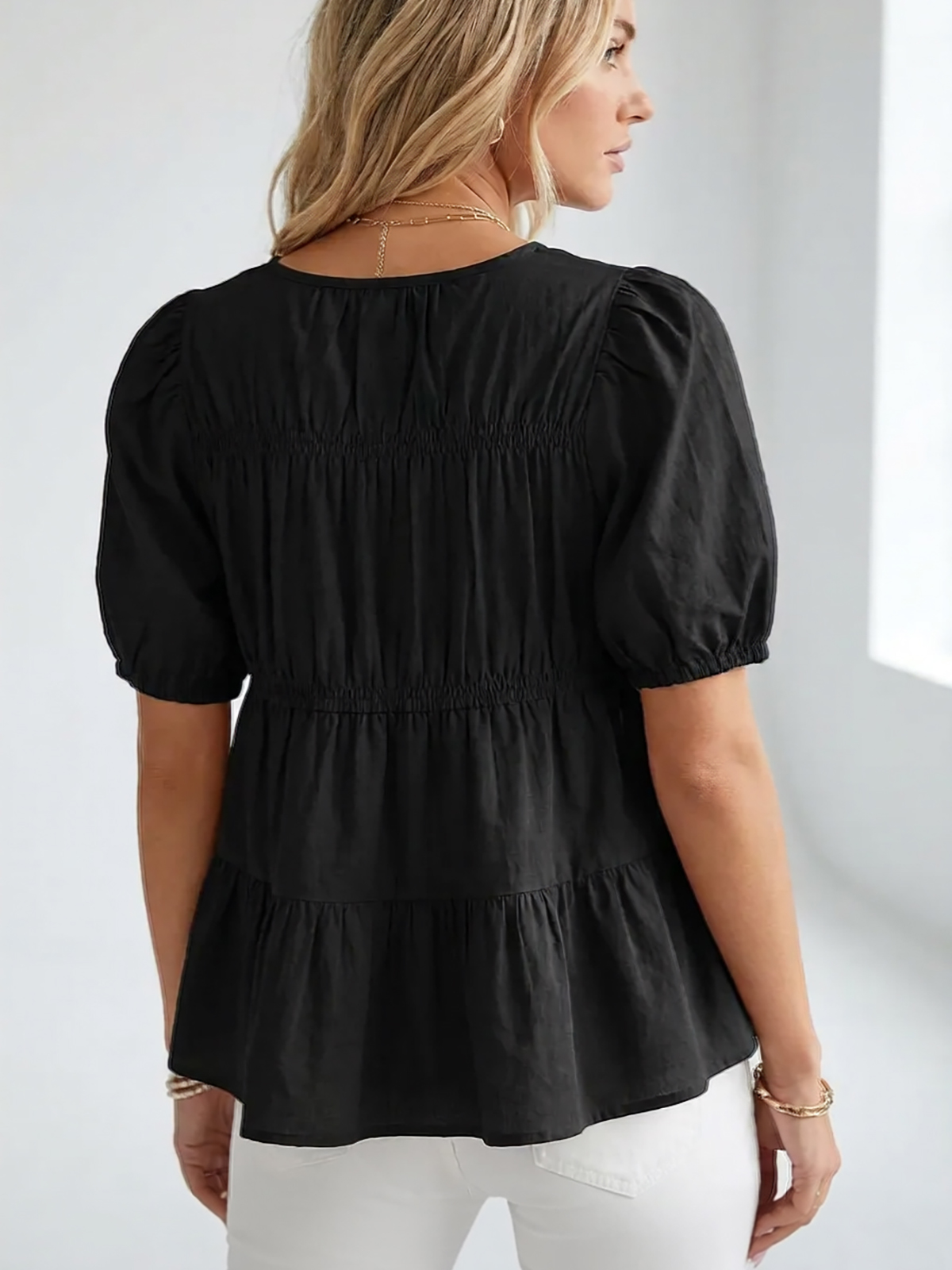 Womens Puff Sleeve Peplum Babydoll Tops Summer Flowy Pleated Cotton T-Shirts Casual Loose Fit Cute Blouse