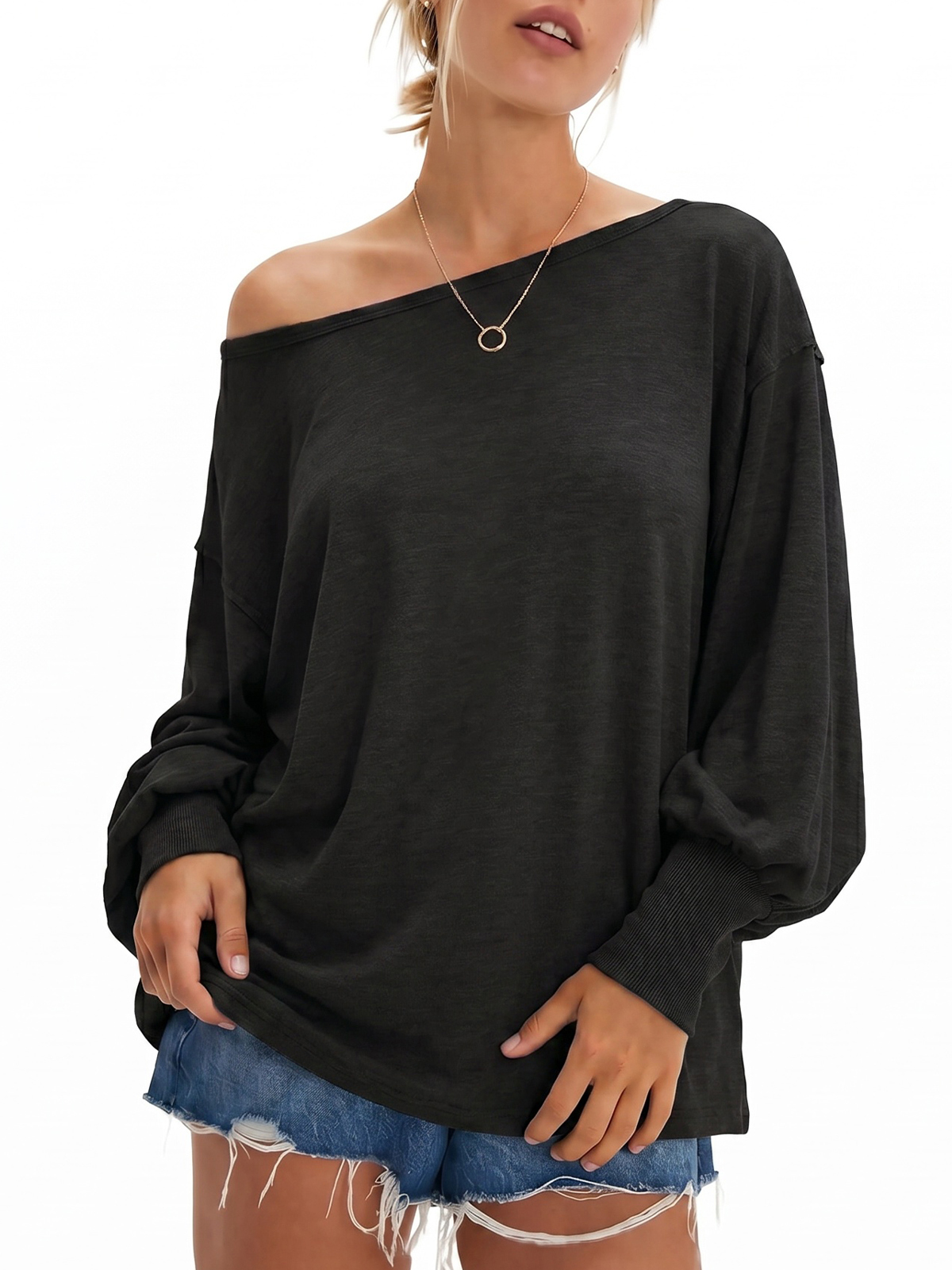 Wide-Neck Slouchy Ribbed-Cuff Top