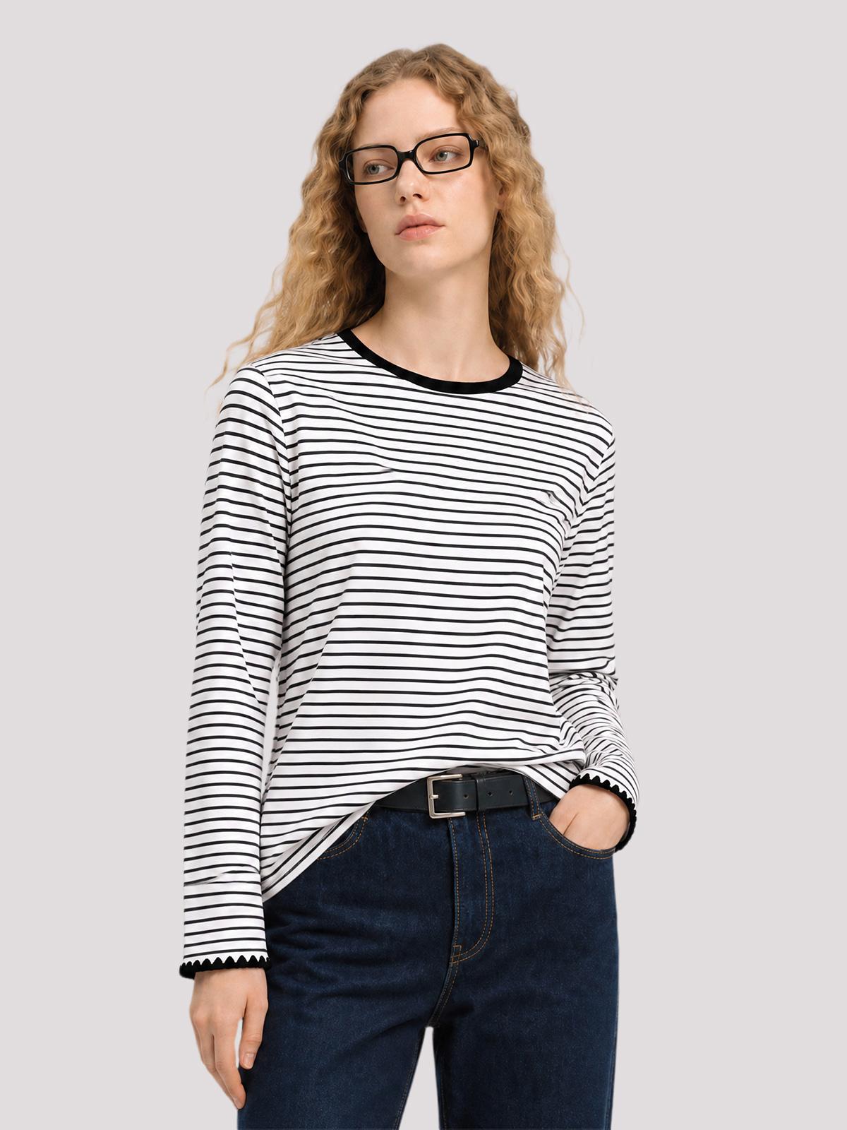 Imily Bela Scalloped-Trim Striped Long-Sleeve Tee