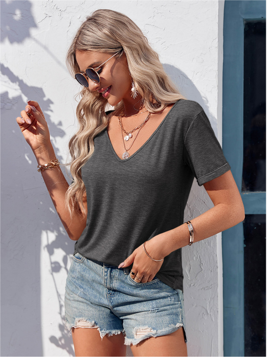 Imily Bela Women Fashion Deep V-Neck Short Sleeve Tops Solid Casual Loose Basic T Shirt