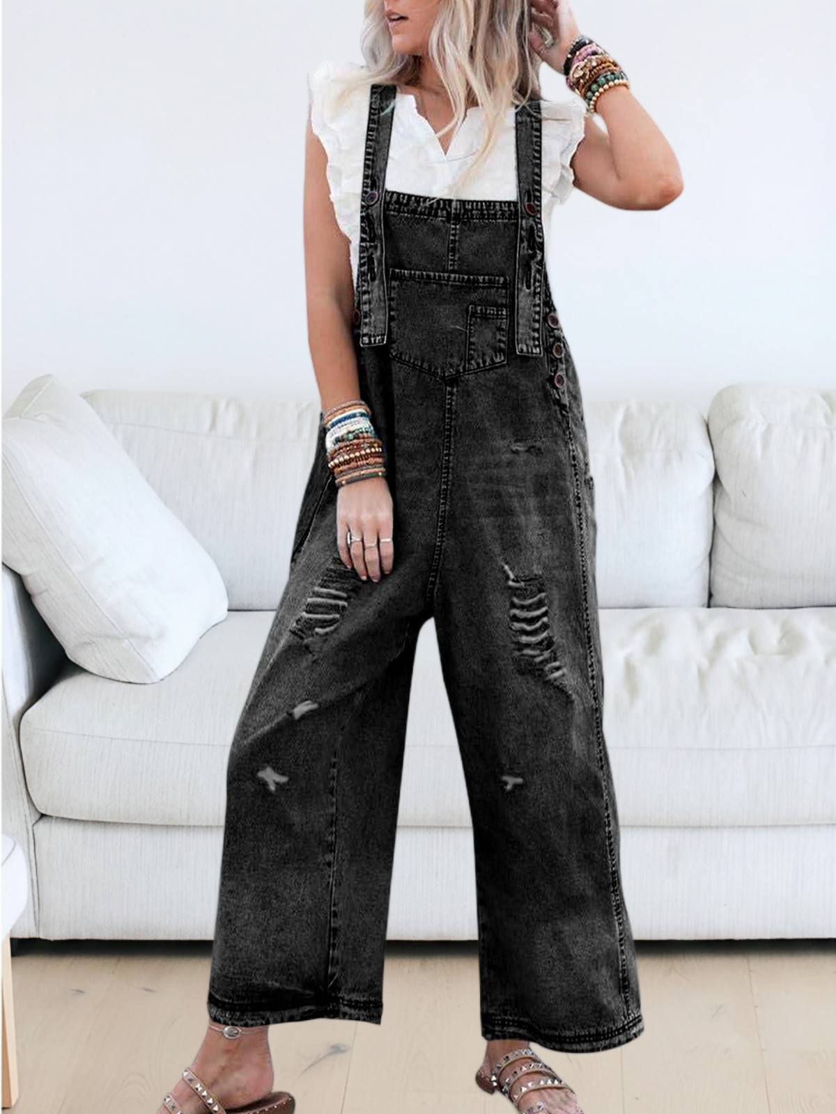 Imily Bela Women's Casual Denim Overalls Loose Adjustable Strap Distressed Bib Jeans Overall Jumpsuits with Pocket