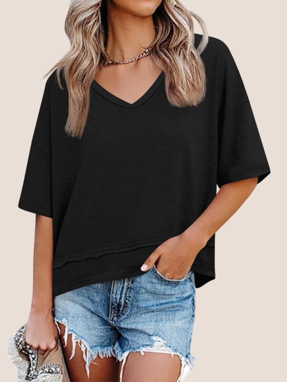 Imily Bela Womens Summer V Neck T Shirts Casual Short Sleeve Flowy Tops Cute Loose Fit Basic Tees
