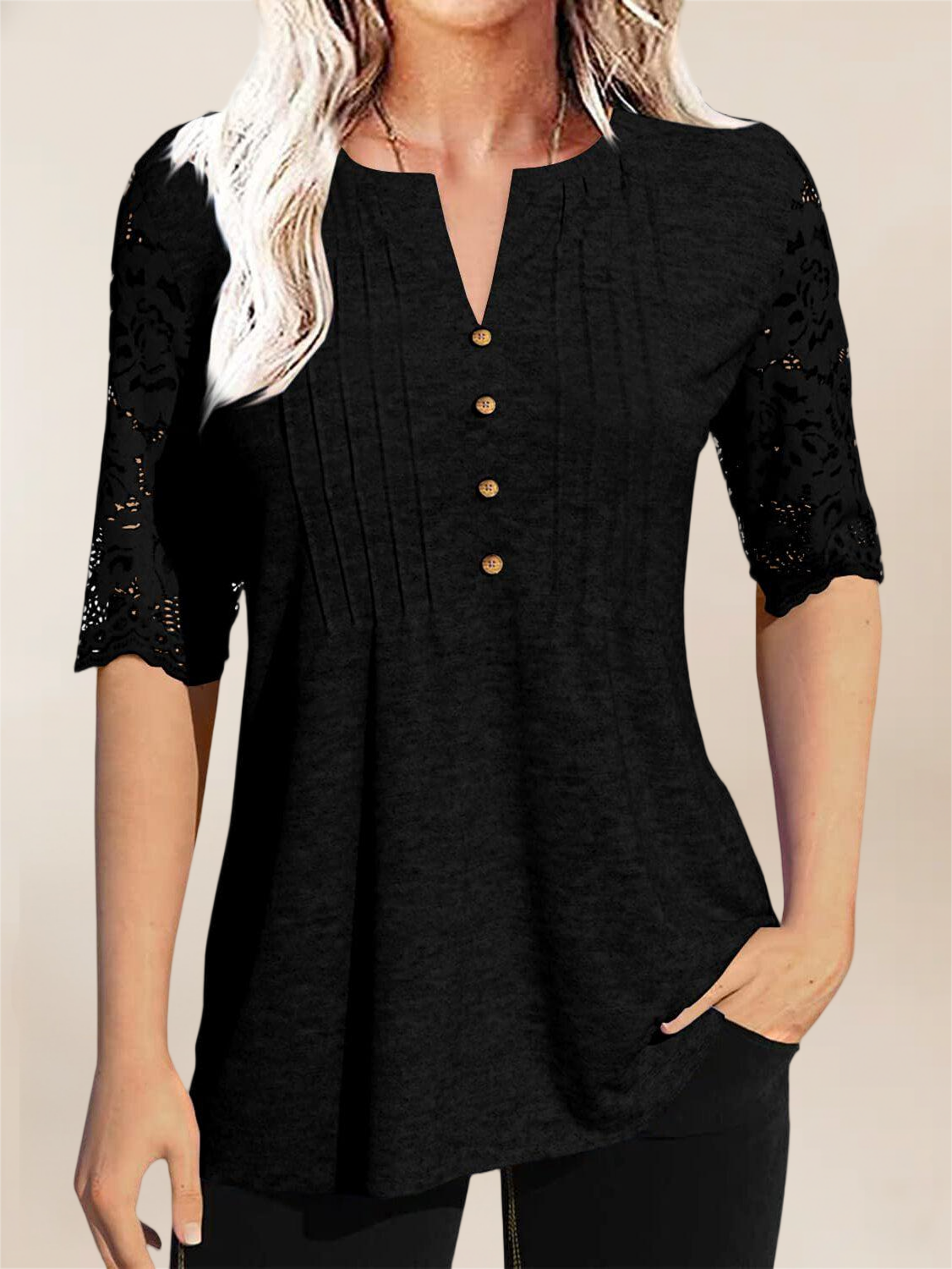 Imily Bela Womens Summer Tops Pleated Button Down Short Sleeve T-Shirt V-Neck Casual Lace Blouse