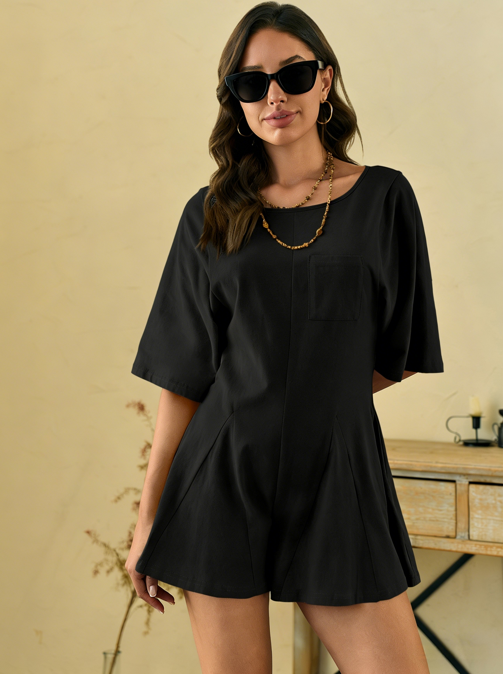 Imily Bela Rompers for Women Summer Outfits Slim Fit Short Sleeve Crew Neck Jumpsuits with Pocket