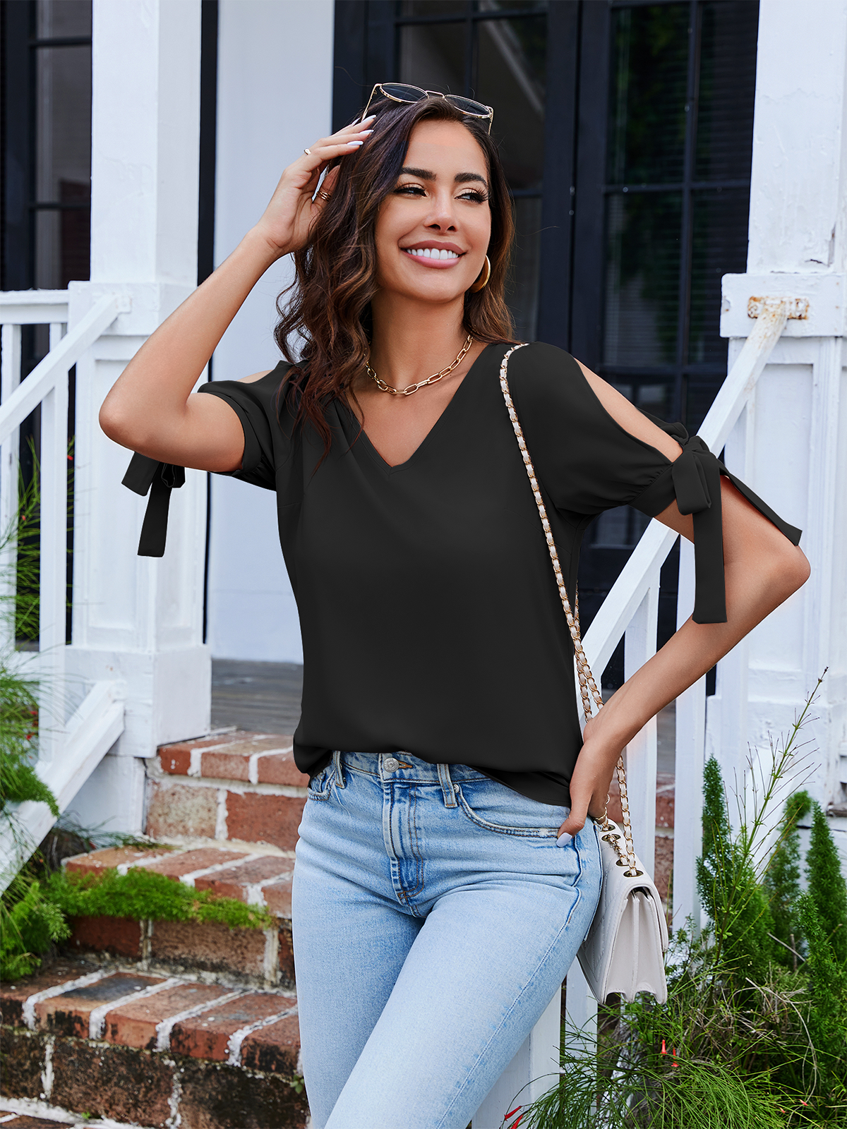 Imily Bela Women's Cold Shoulder Tops Short Sleeve V-Neck Casual Loose Cutout Summer Fashion Tshirts Blouse Shirts