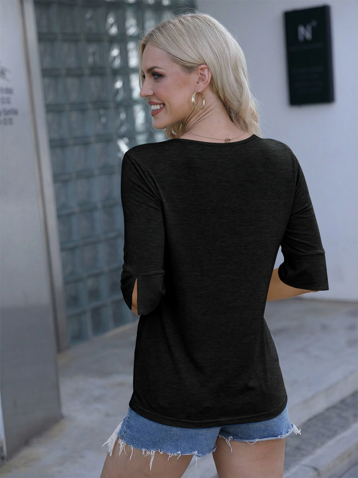 Imily Bela Women Fashion Half Sleeve V-Neck T-Shirt Solid Loose Basic Tops