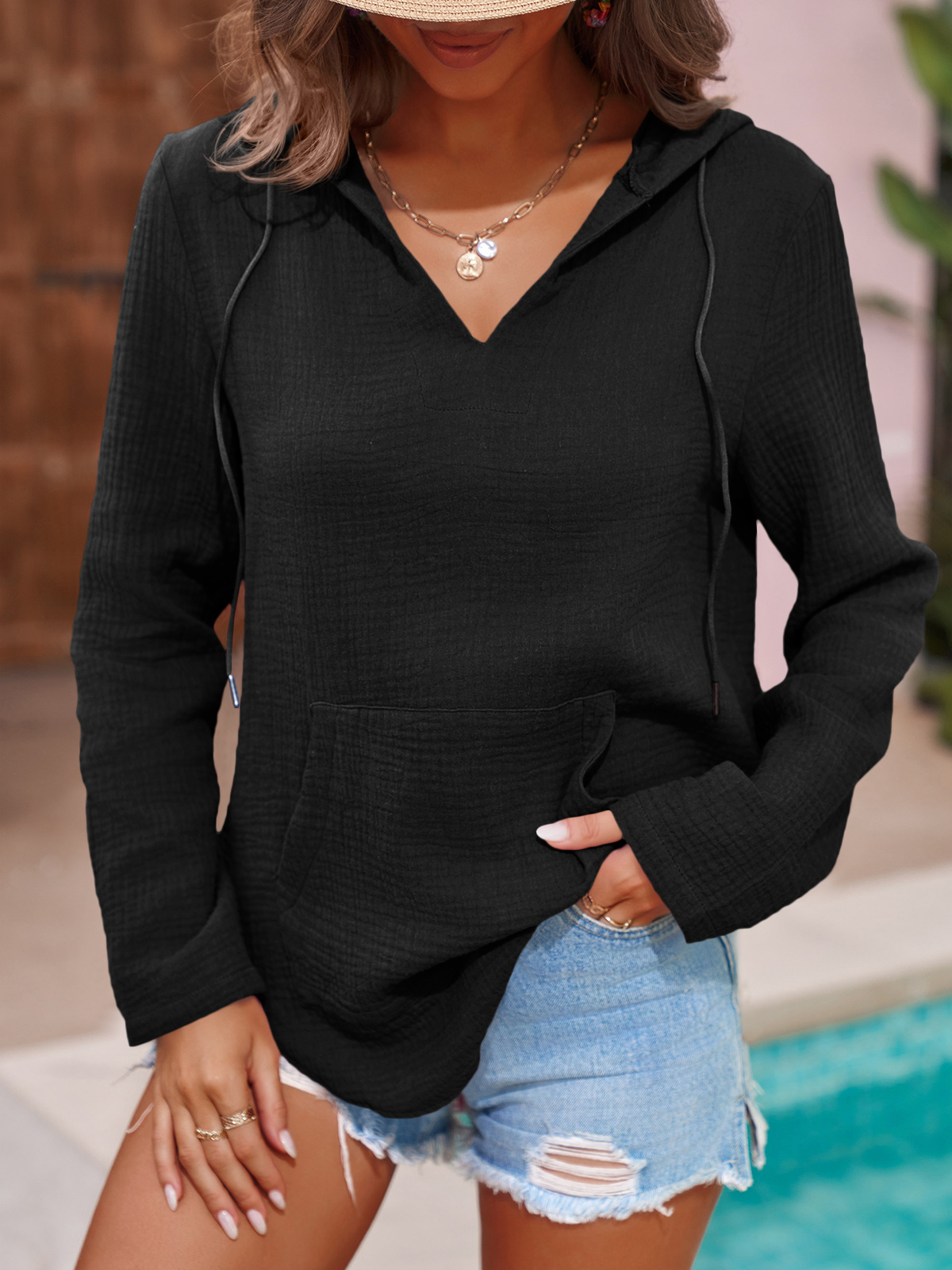 Imily Bela Women's Beach Cover Up Hoodies Sweatshirt Long Sleeve V Neck Pocketed Hooded Shirt Top