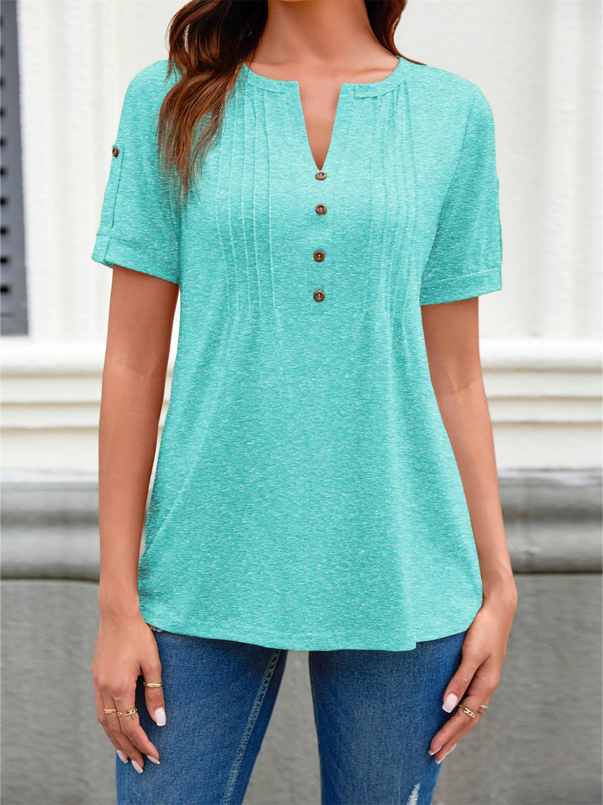 Imily Bela Women's Zipper Summer Pleated Button Short Sleeve T-Shirt Summer V-Neck Solid Color Casual top