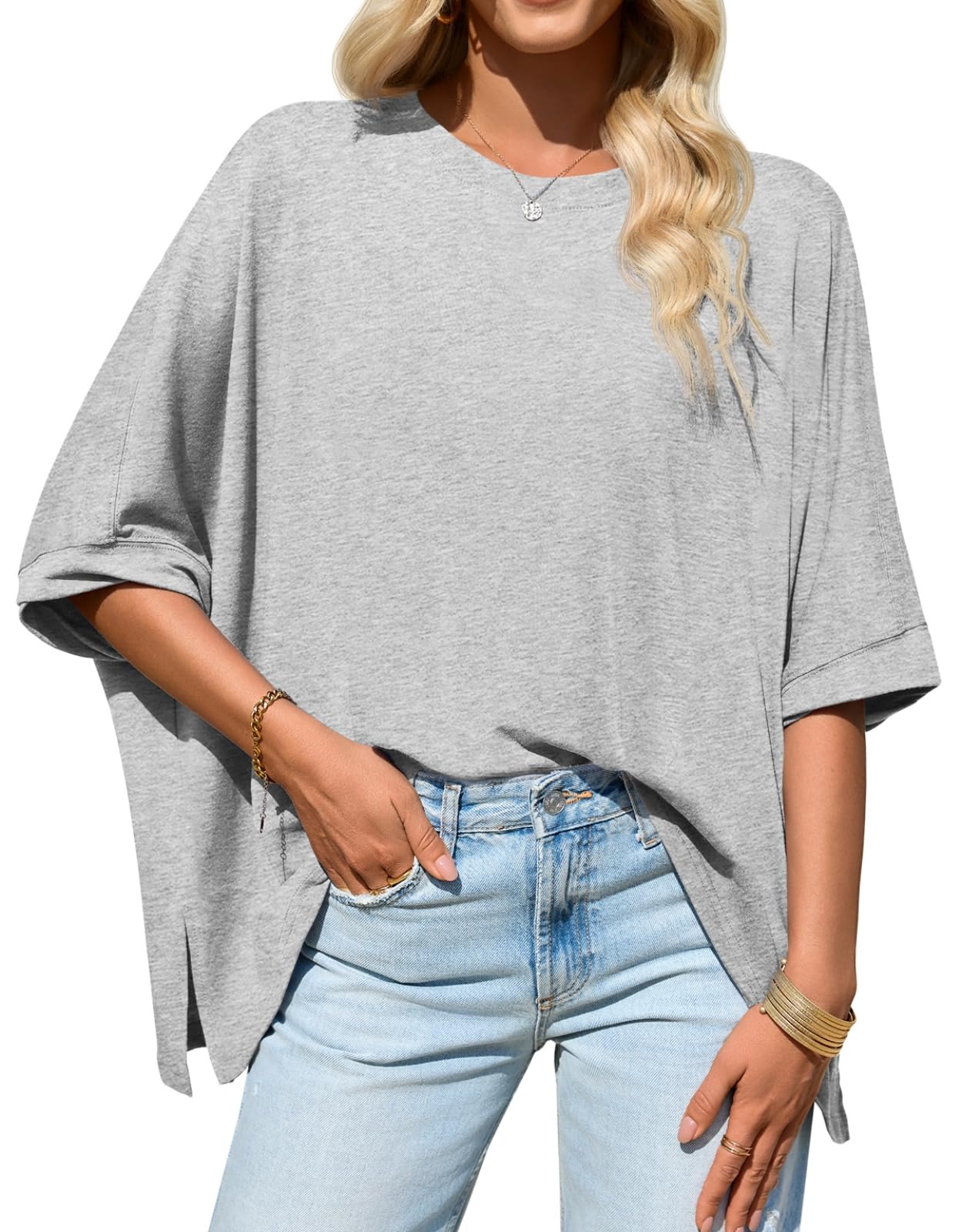 Imily Bela Womens Oversized Tshirts Batwing Short Sleeve Asymmetric Hem Tops Summer Casual Loose Fit Tunic Tee Shirts