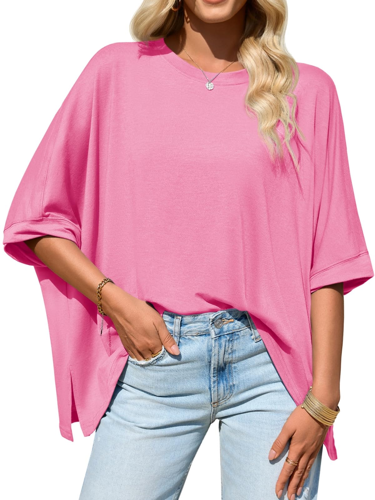 Imily Bela Womens Oversized Tshirts Batwing Short Sleeve Asymmetric Hem Tops Summer Casual Loose Fit Tunic Tee Shirts