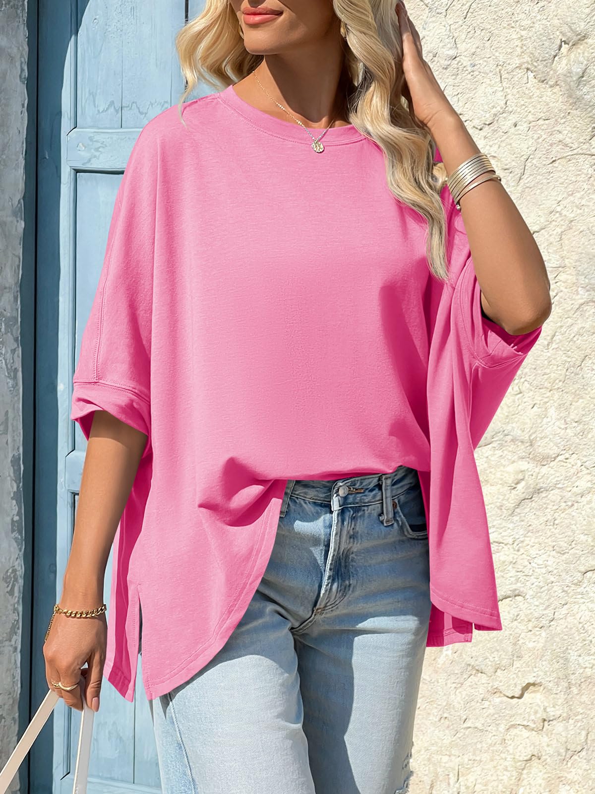 Imily Bela Womens Oversized Tshirts Batwing Short Sleeve Asymmetric Hem Tops Summer Casual Loose Fit Tunic Tee Shirts