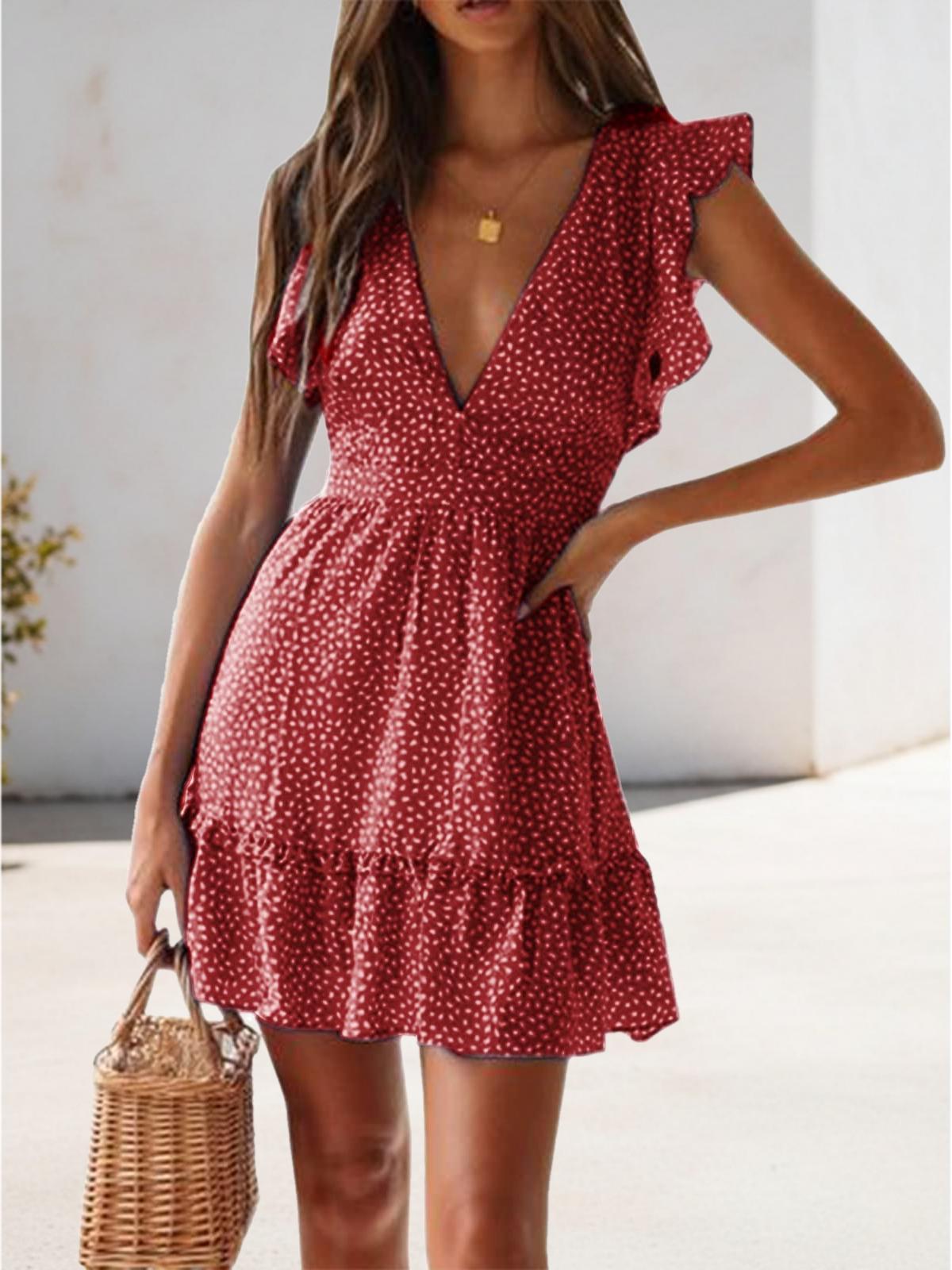 Imily Bela Women Floral Mini Dress Sexy V Neck Ruffle Flutter Sleeve Polka Dot Summer Dresses