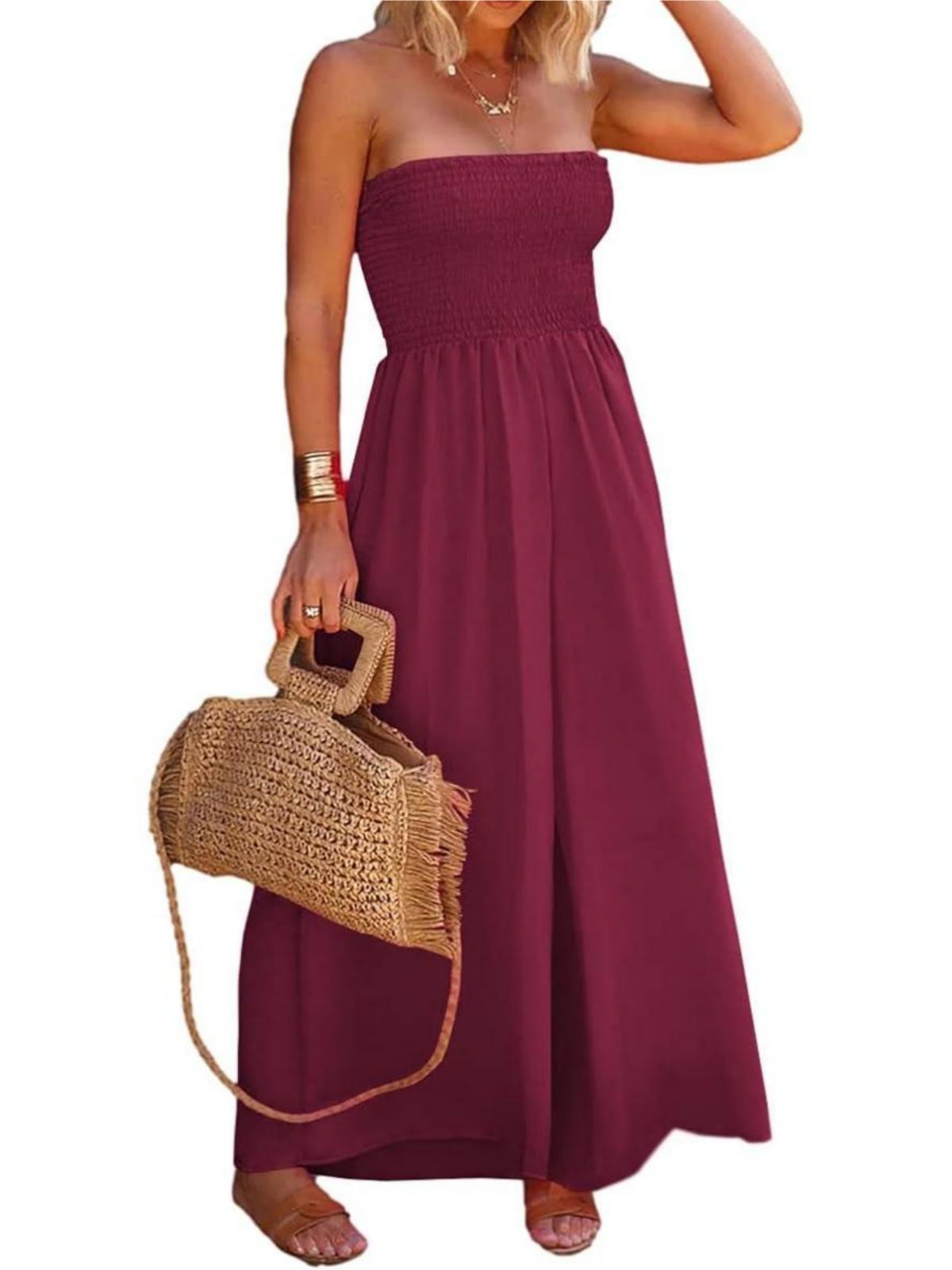 Imily Bela Womens Sleeveless Strapless Wide Leg Jumpsuits Summer Casual Loose Smocked Chiffon Jumpsuit Rompers with Pockets