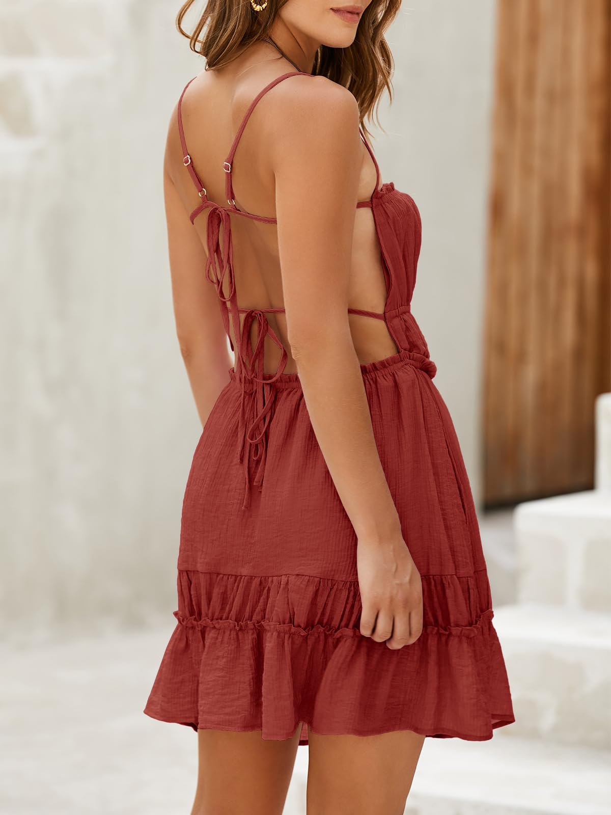 Imily Bela Womens Spaghetti Strap Mini Dress Summer Backless Self Tie Ruffle Beach Sundress