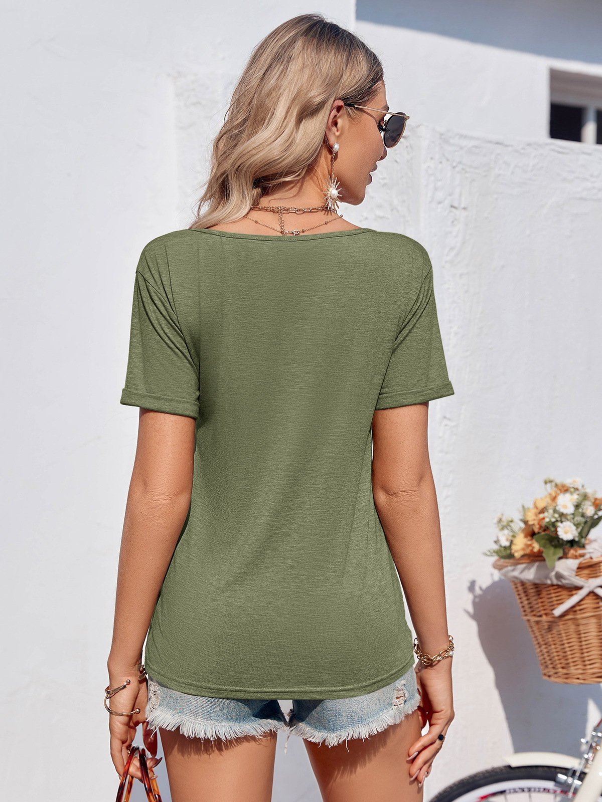 Imily Bela Women Fashion Deep V-Neck Short Sleeve Tops Solid Casual Loose Basic T Shirt