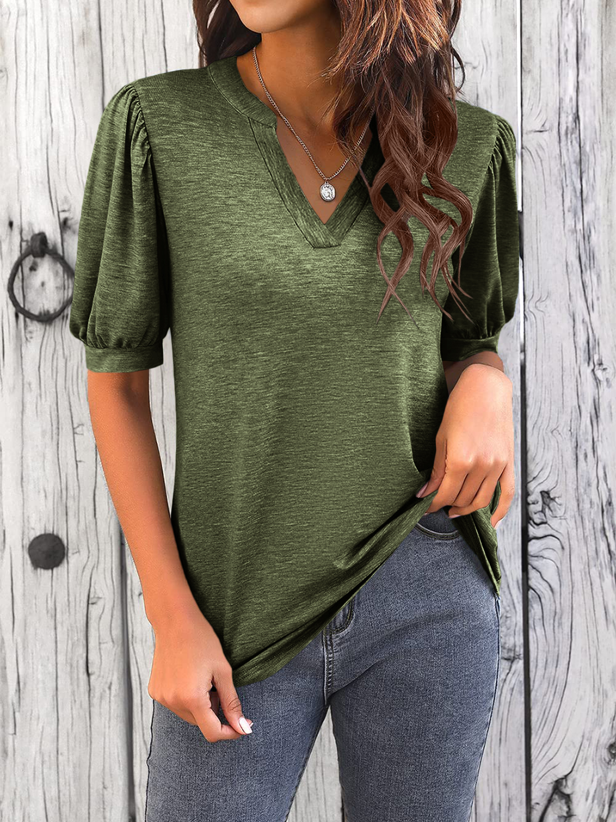 Imily Bela Womens V Neck T Shirts Casual Puff Sleeve Loose Dressy Blouses Summer Tops