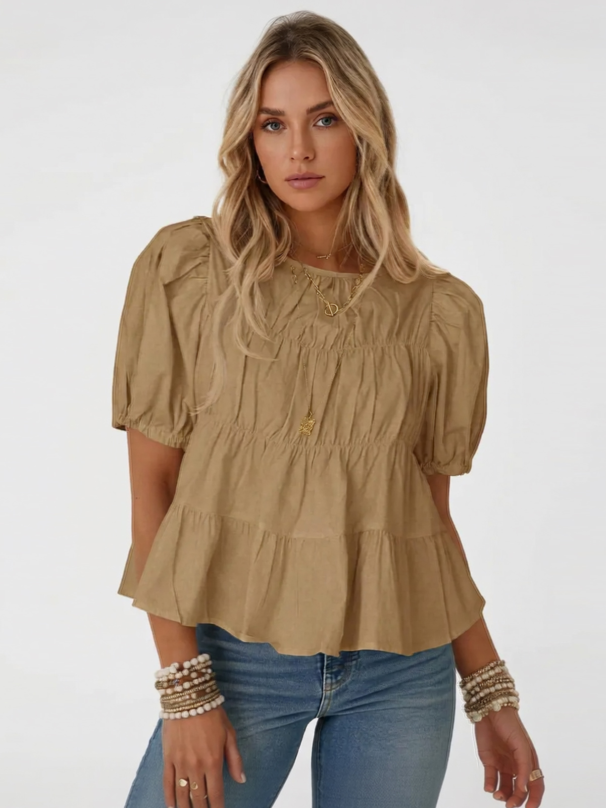 Womens Puff Sleeve Peplum Babydoll Tops Summer Flowy Pleated Cotton T-Shirts Casual Loose Fit Cute Blouse