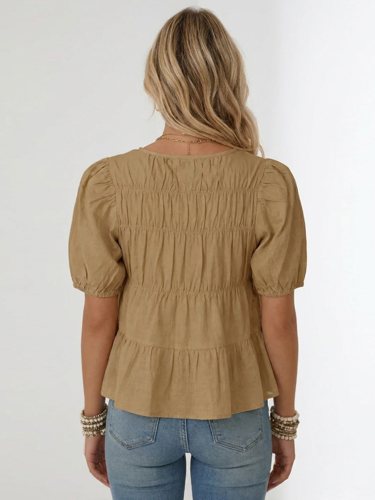 Womens Puff Sleeve Peplum Babydoll Tops Summer Flowy Pleated Cotton T-Shirts Casual Loose Fit Cute Blouse