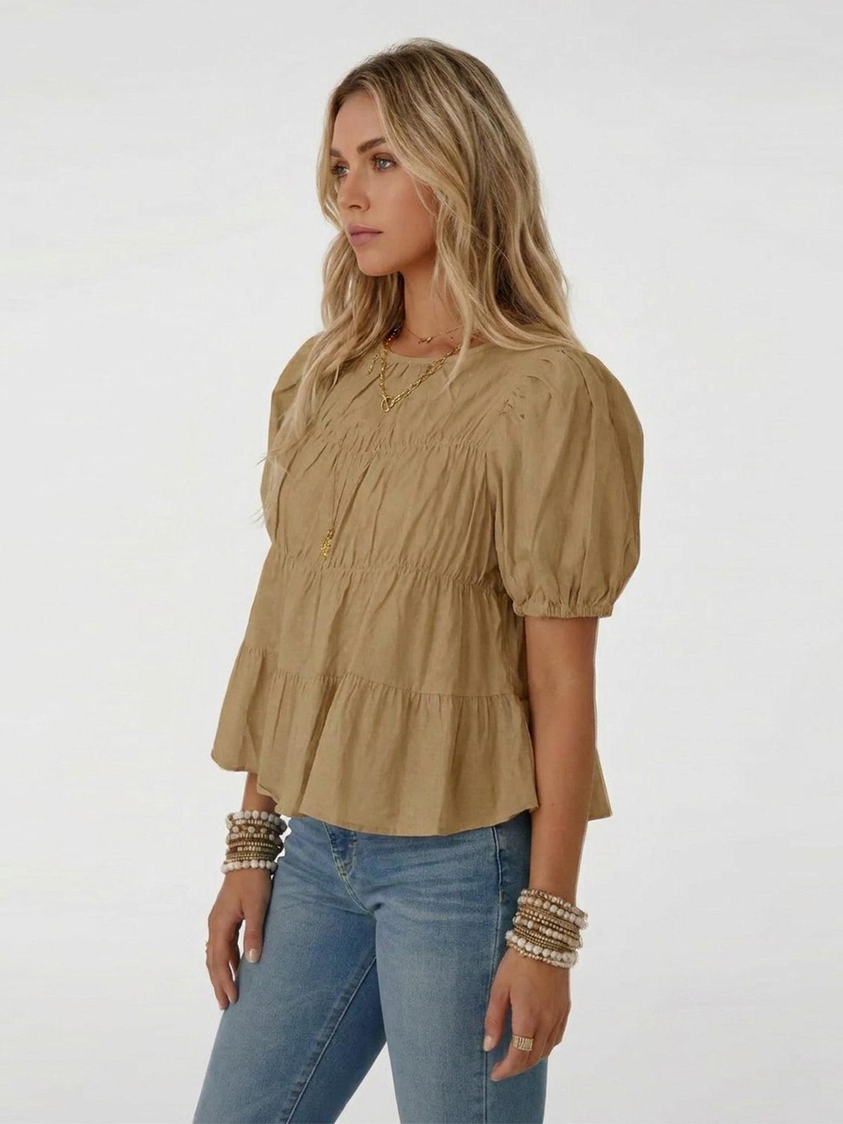 Womens Puff Sleeve Peplum Babydoll Tops Summer Flowy Pleated Cotton T-Shirts Casual Loose Fit Cute Blouse