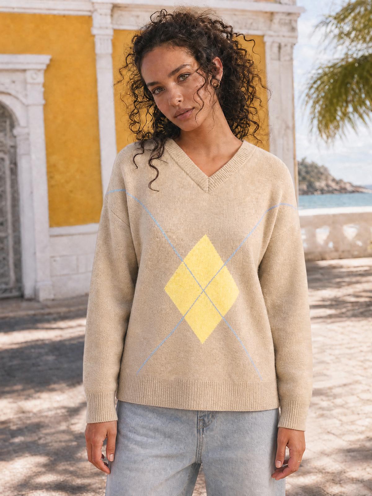 Imily Bela Argyle Drop-Shoulder V-Neck Sweater