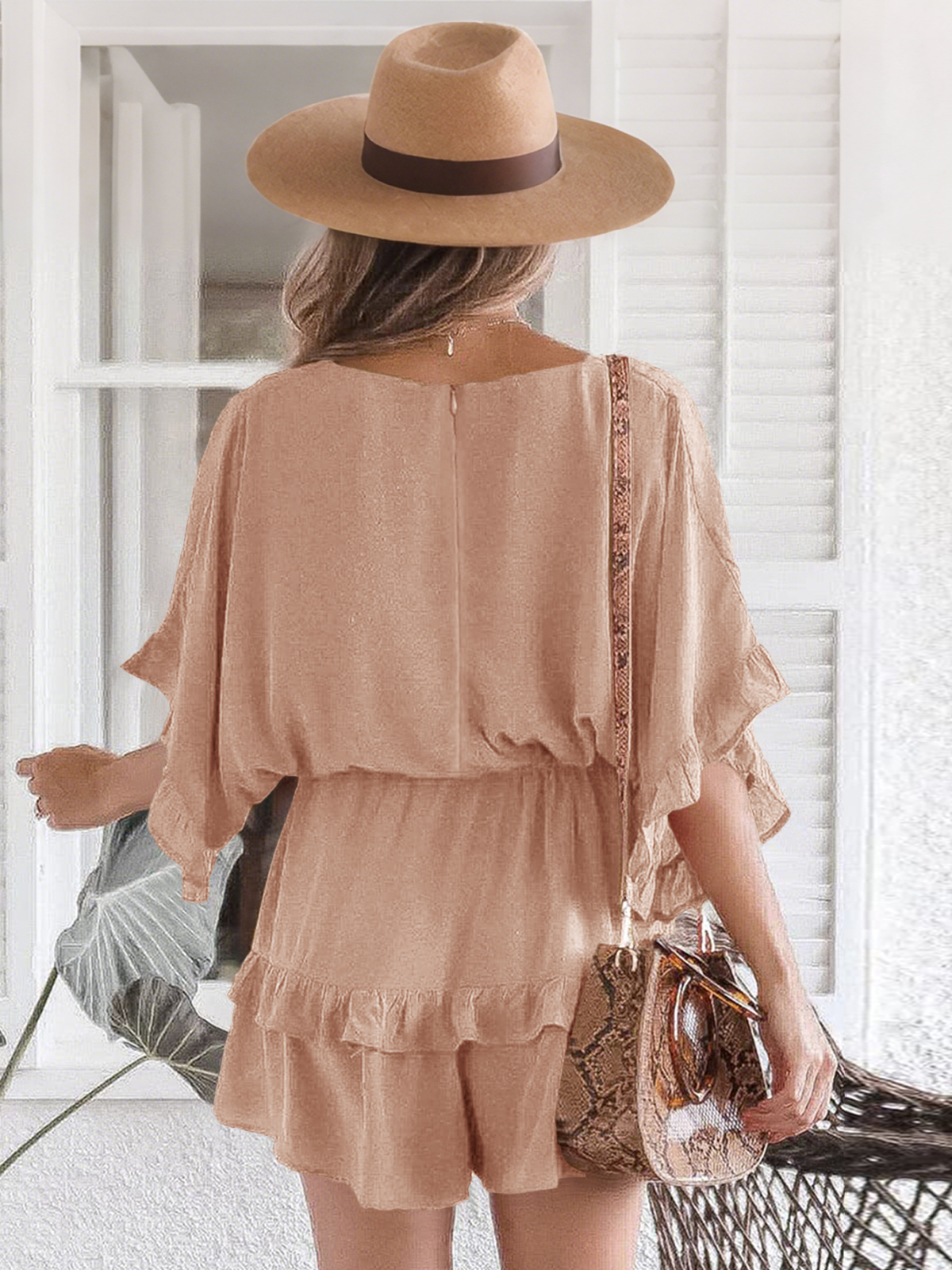 Imily Bela Womens V Neck Beach Romper Ruffle Layered Drawstring Waisted Shorts Jumpsuit