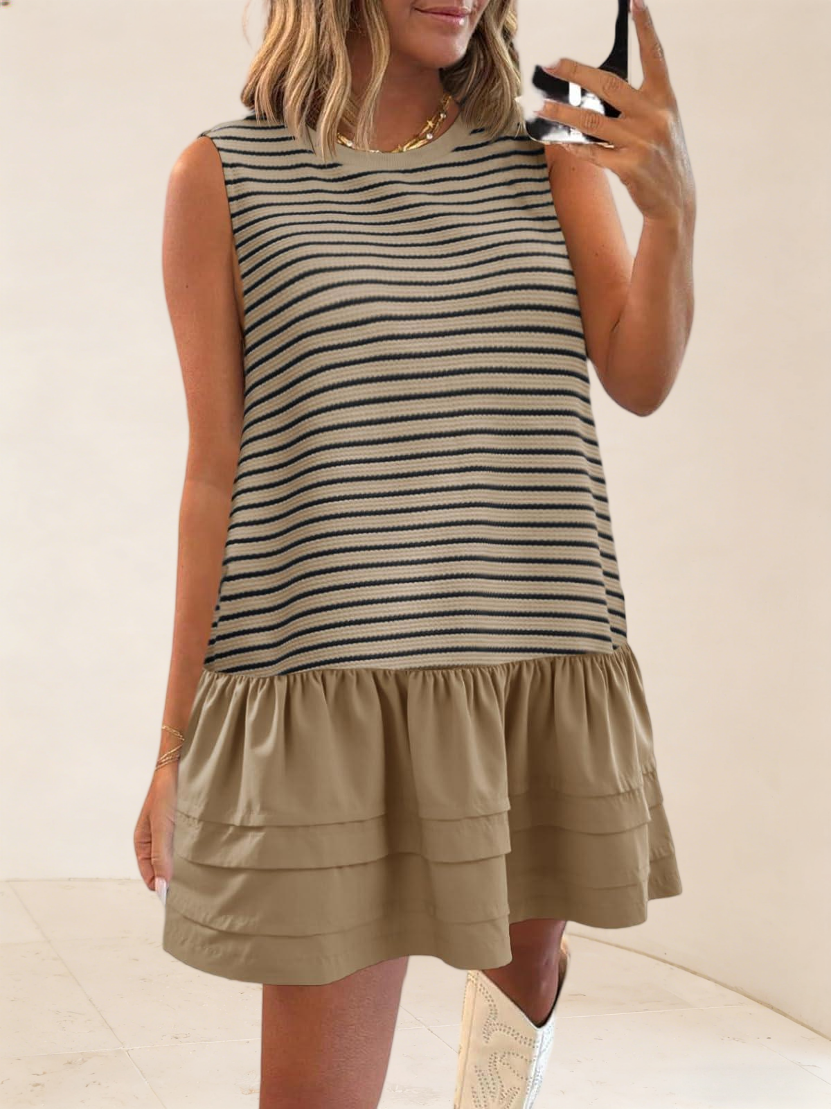 Imily Bela Womens Striped Sweatshirt Dress Casual Sleeveless Crewneck Constrast Patchwork Loose Tank Mini Dresses