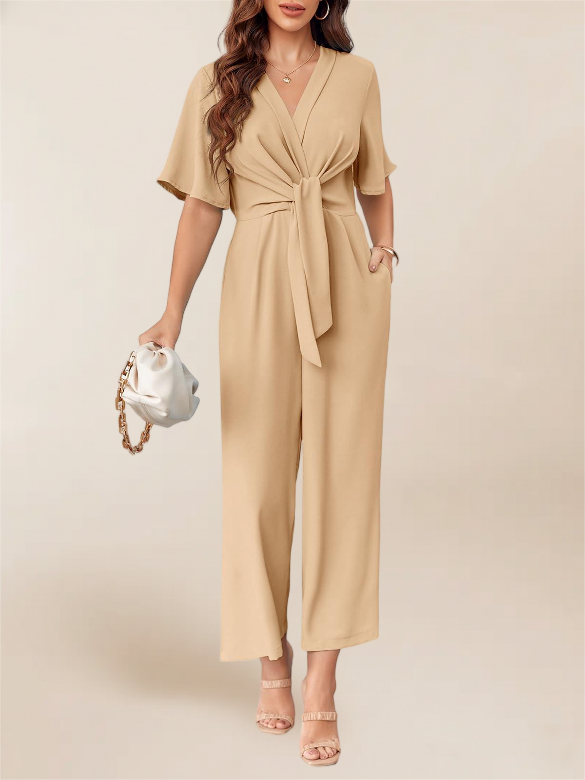 Imily Bela Women's Elegant V Neck Jumpsuits Dressy Casual Short Sleeve Wide Leg Long Pants Rompers