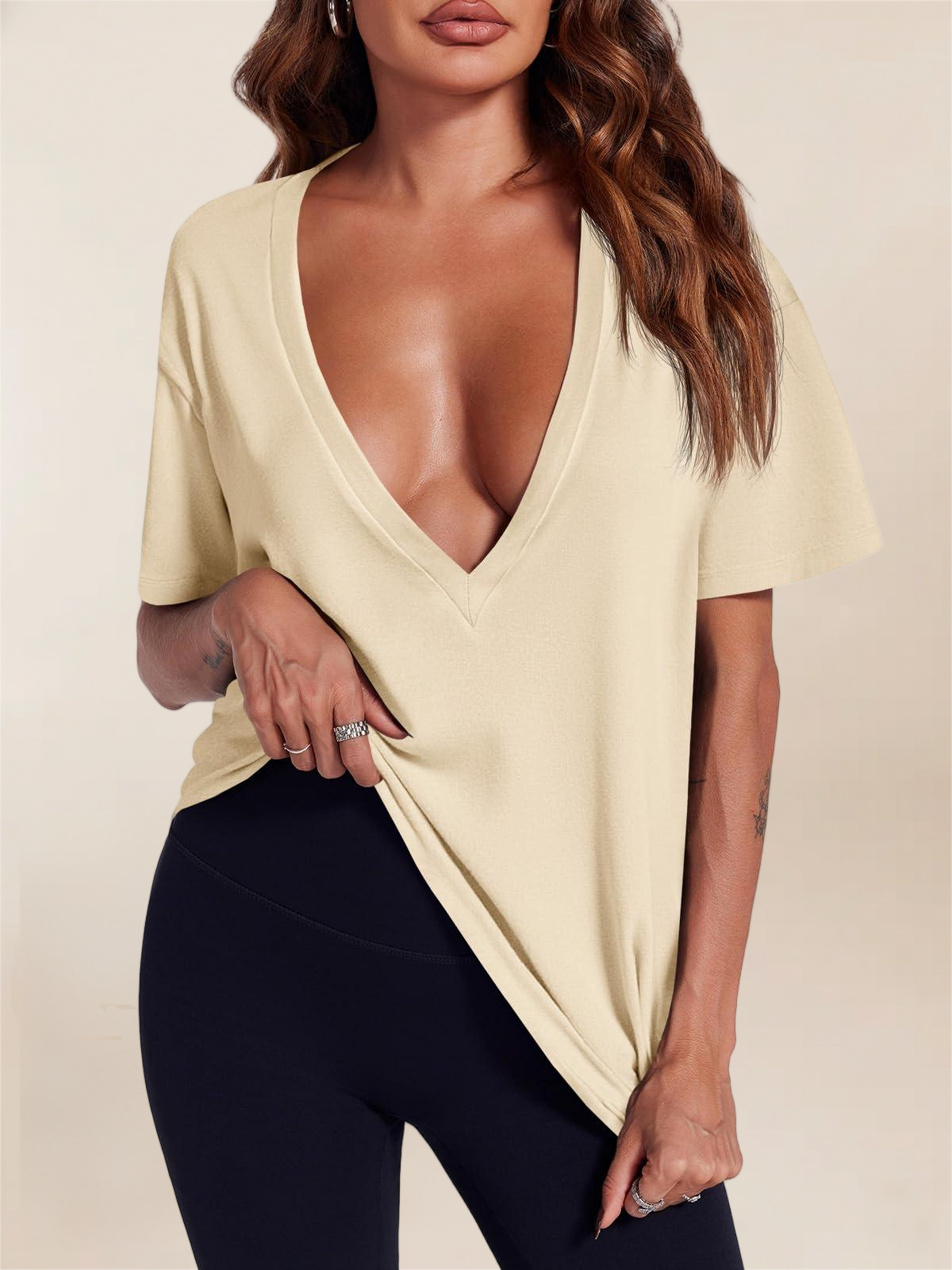 Imily Bela Womens Sexy Deep V Neck T-Shirts Summer Short Sleeve Tops Casual Loose Fit Basic Tees