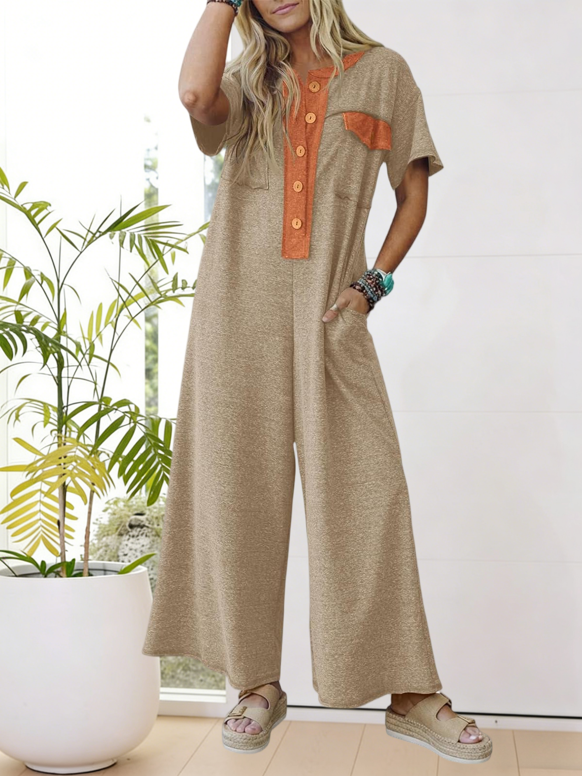 Imily Bela Womens Casual Loose Jumpsuits Short Sleeve V-Neck Button Down One Piece Outfits Wide Leg Summer Long Pant Rompers