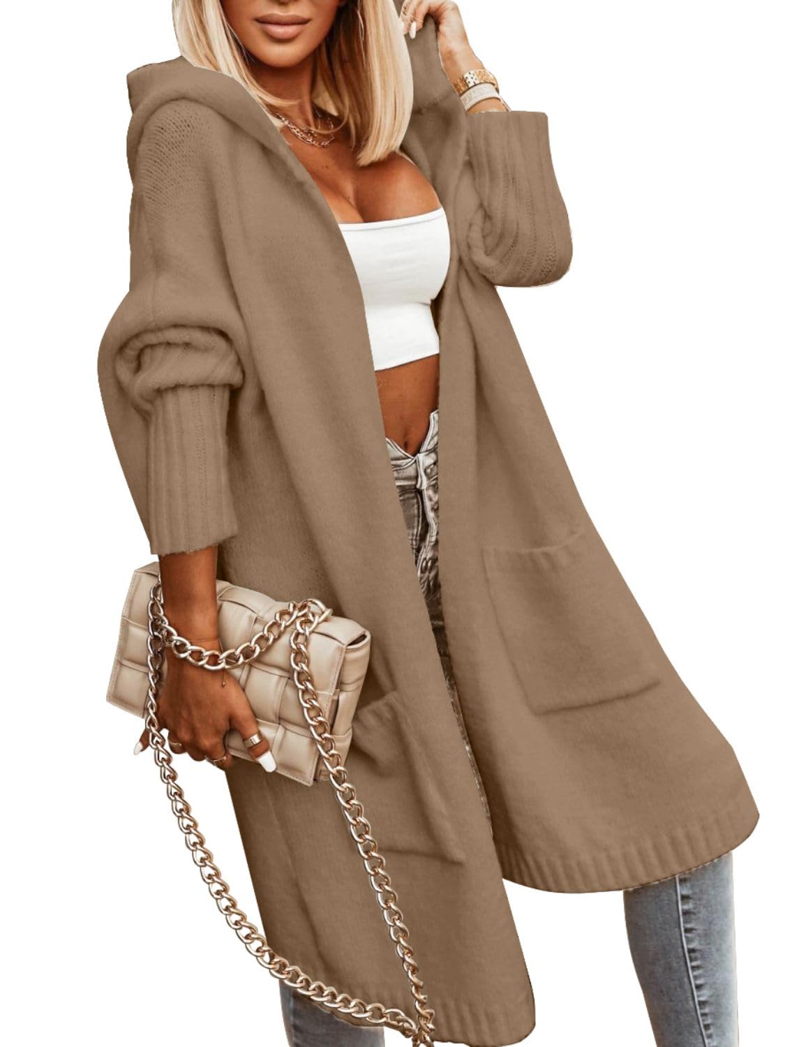 Hooded Open-Front Pocketed Cardigan