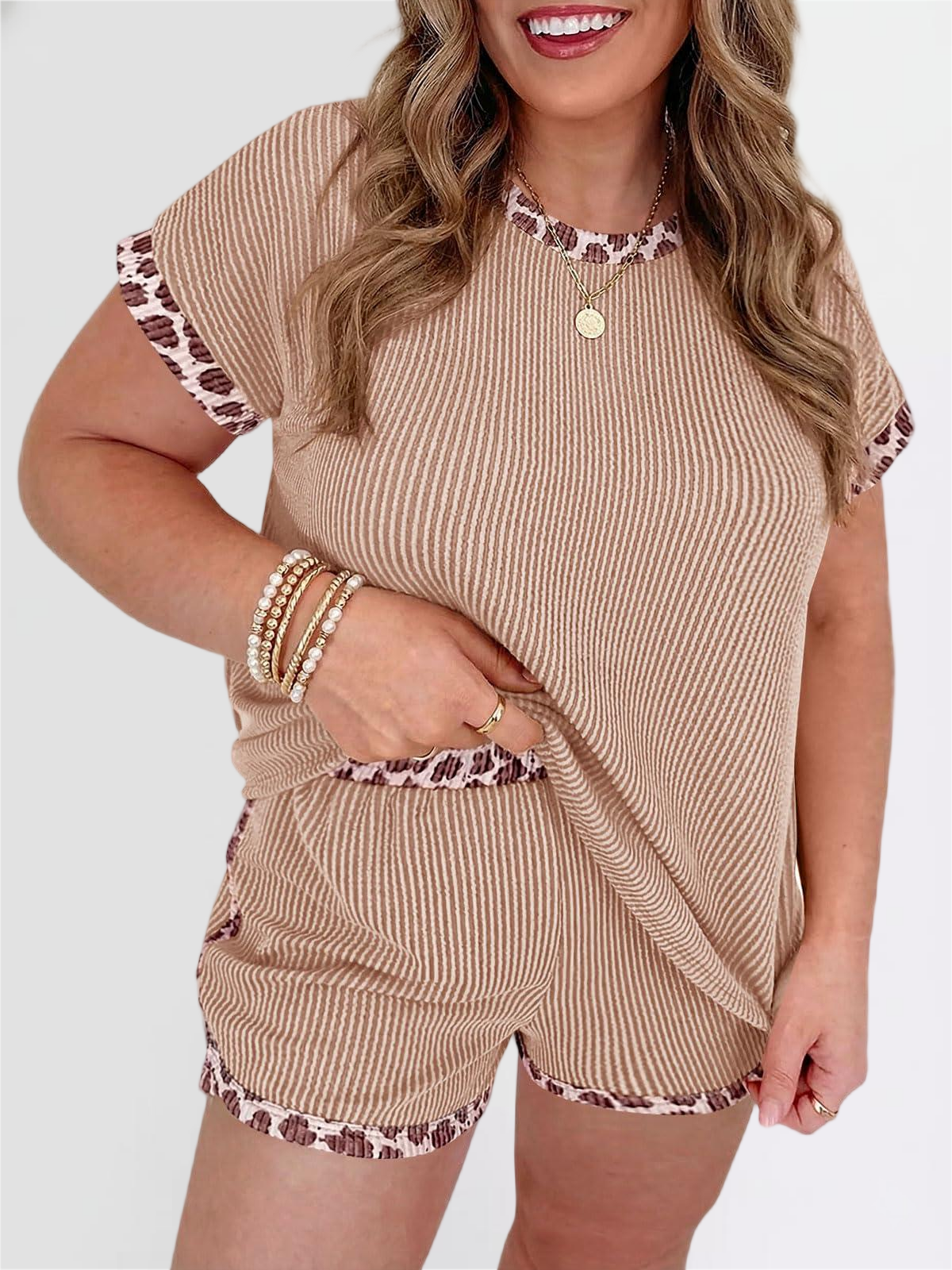 Imily Bela Womens Plus Size 2 Piece Short Sets Leopard Print Ribbed Knit Short Sleeve Top 2026 Summer Casual Lounge Set