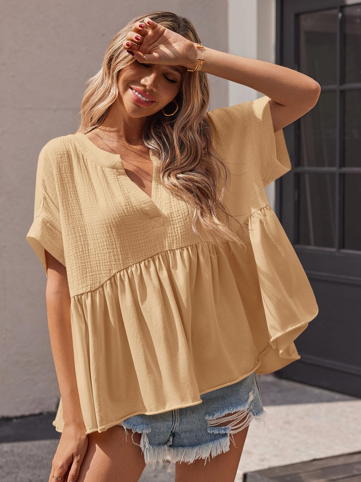 Imily Bela Womens Summer Babydoll Tops V Neck Short Sleeve Pleated Flowy Shirts Casual Loose Fit Peplum Blouse
