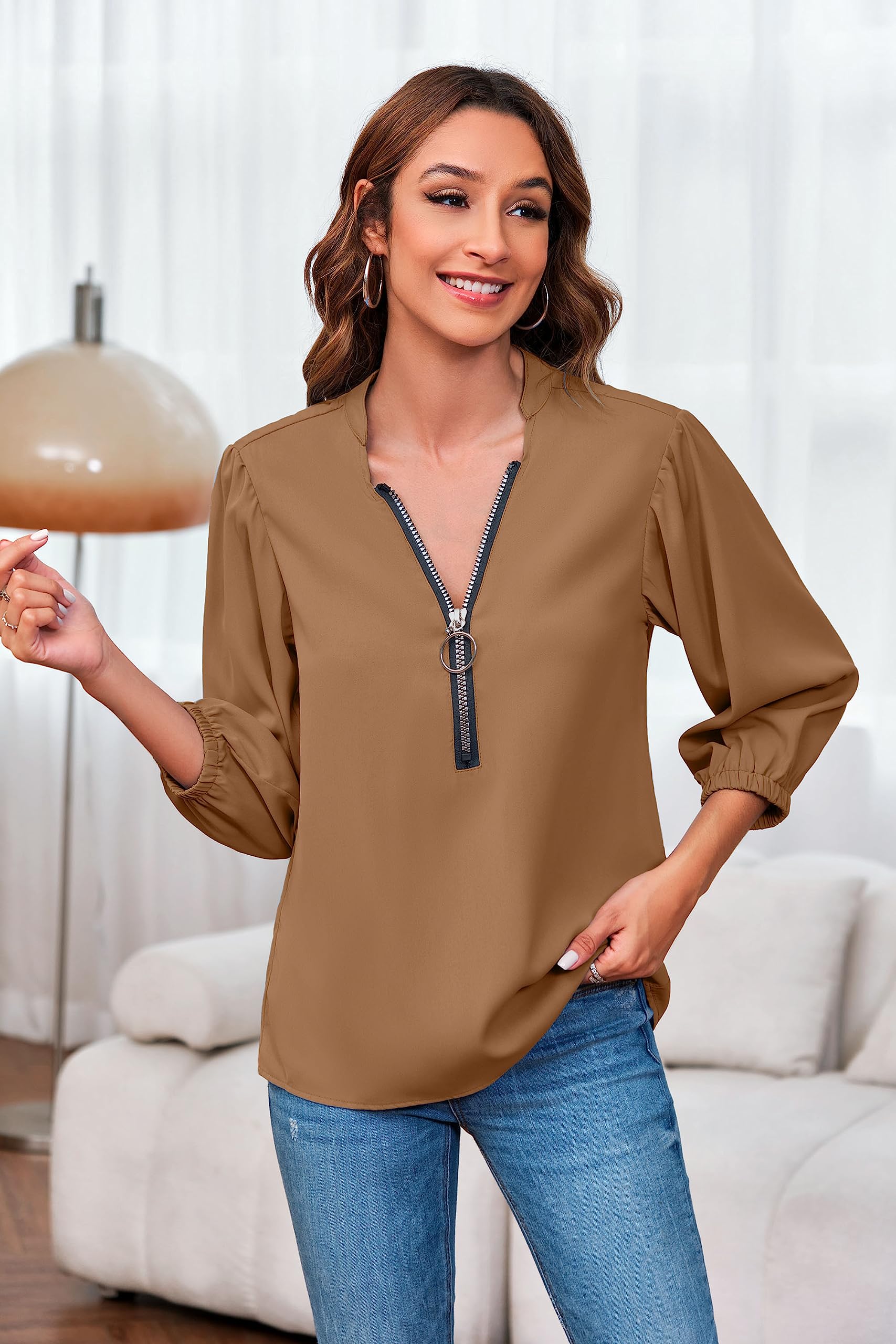 Imily Bela Womens V-Neck Lantern Sleeve Blouse Zipper Design Loose Casual Top Shirts