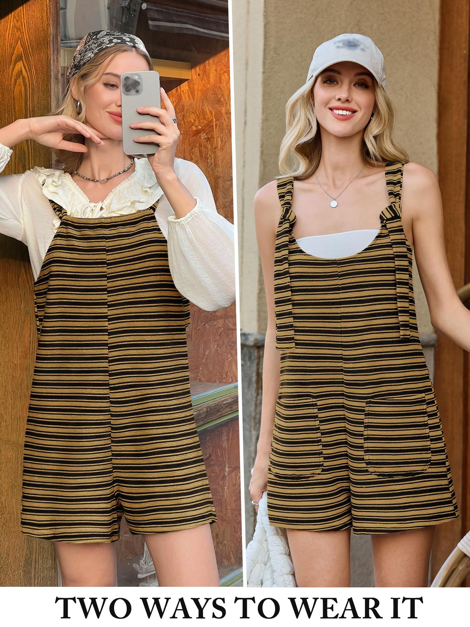 Imily Bela Womens Summer Casual Sleeveless Romper Loose Striped Tied Shorts Overalls Jumpsuit with Pockets