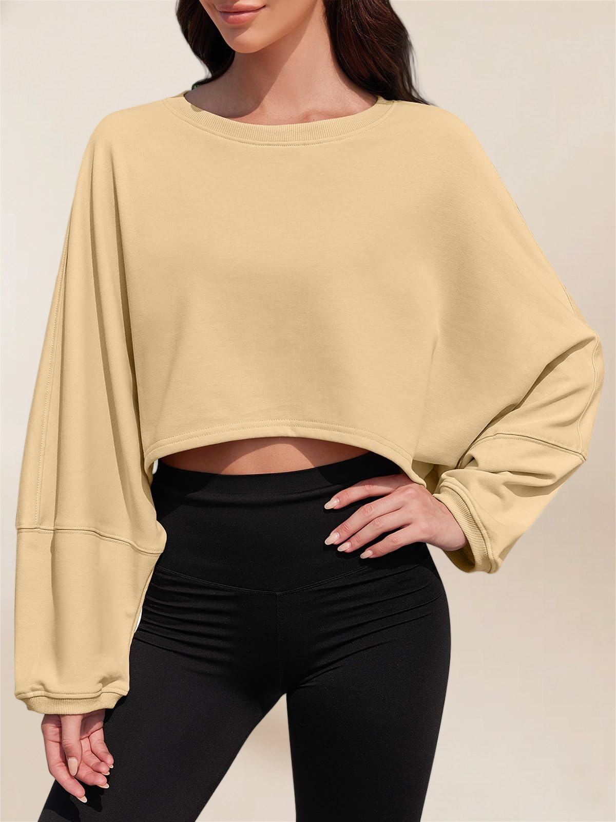Imily Bela Womens Long Ballon Sleeve Sweatshirts Tops Cropped Crew Neck Loose Fit Casual Workout Shirts