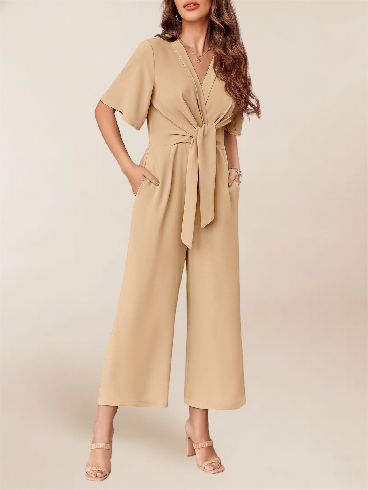 Imily Bela Women's Elegant V Neck Jumpsuits Dressy Casual Short Sleeve Wide Leg Long Pants Rompers