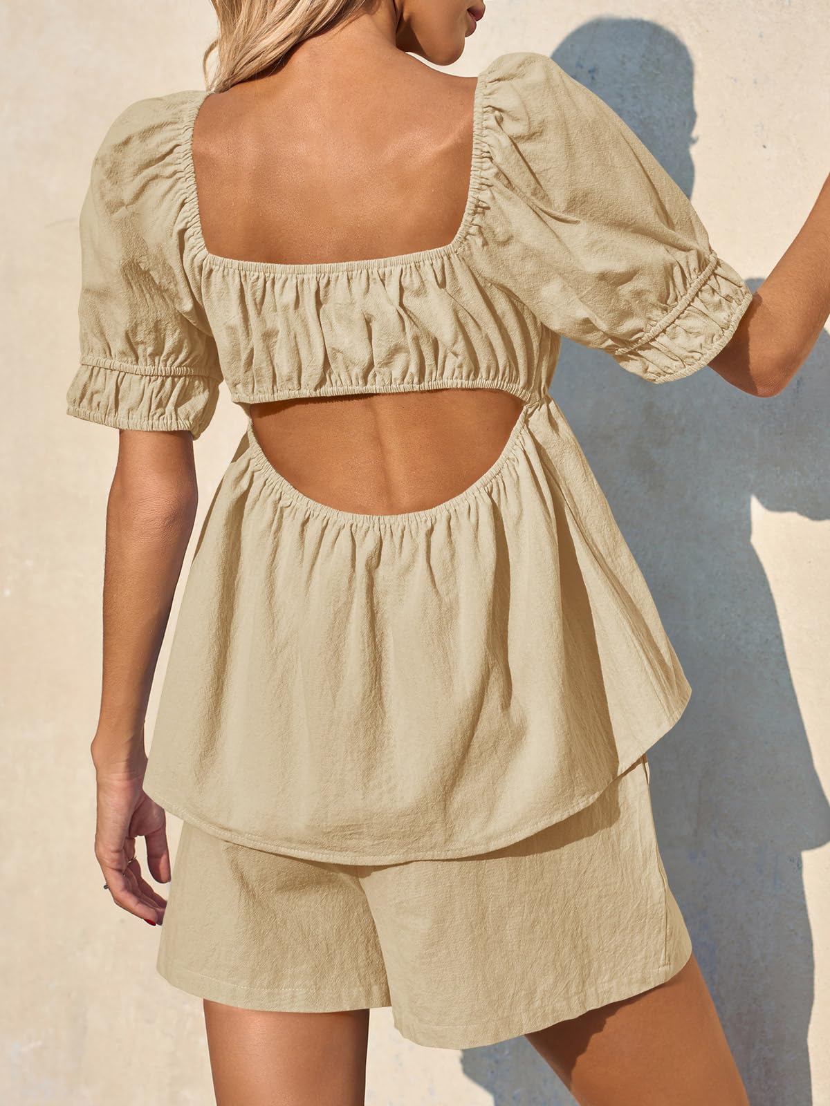 Imily Bela Womens 2 Piece Outfits Summer Square Neck Short Puff Sleeve Babydoll Tops And Shorts Matching Set