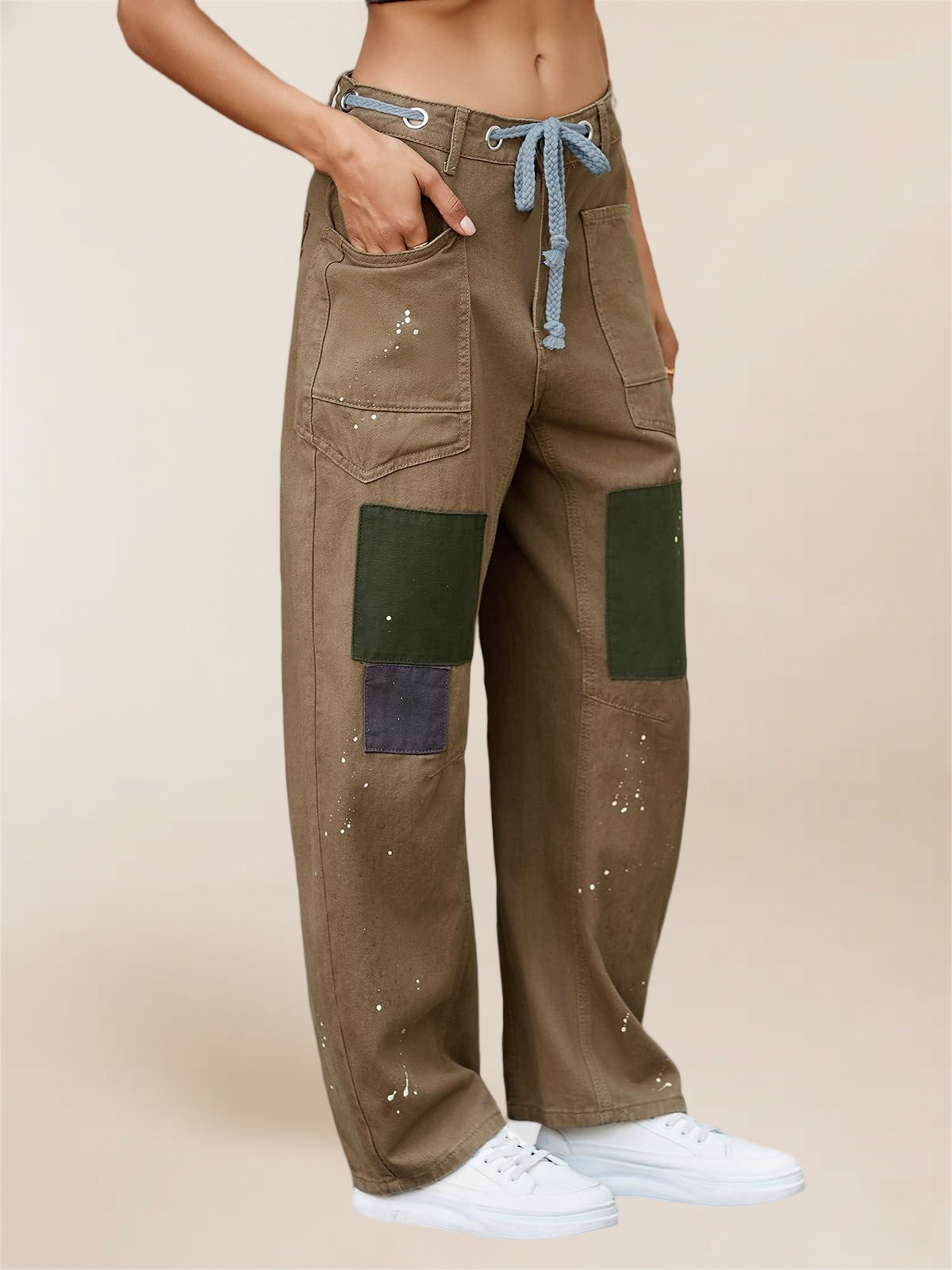 Imily Bela Womens Baggy Barrel Horseshoe Jeans Wide Leg Patchwork Low Rise Denim Pants with Pockets