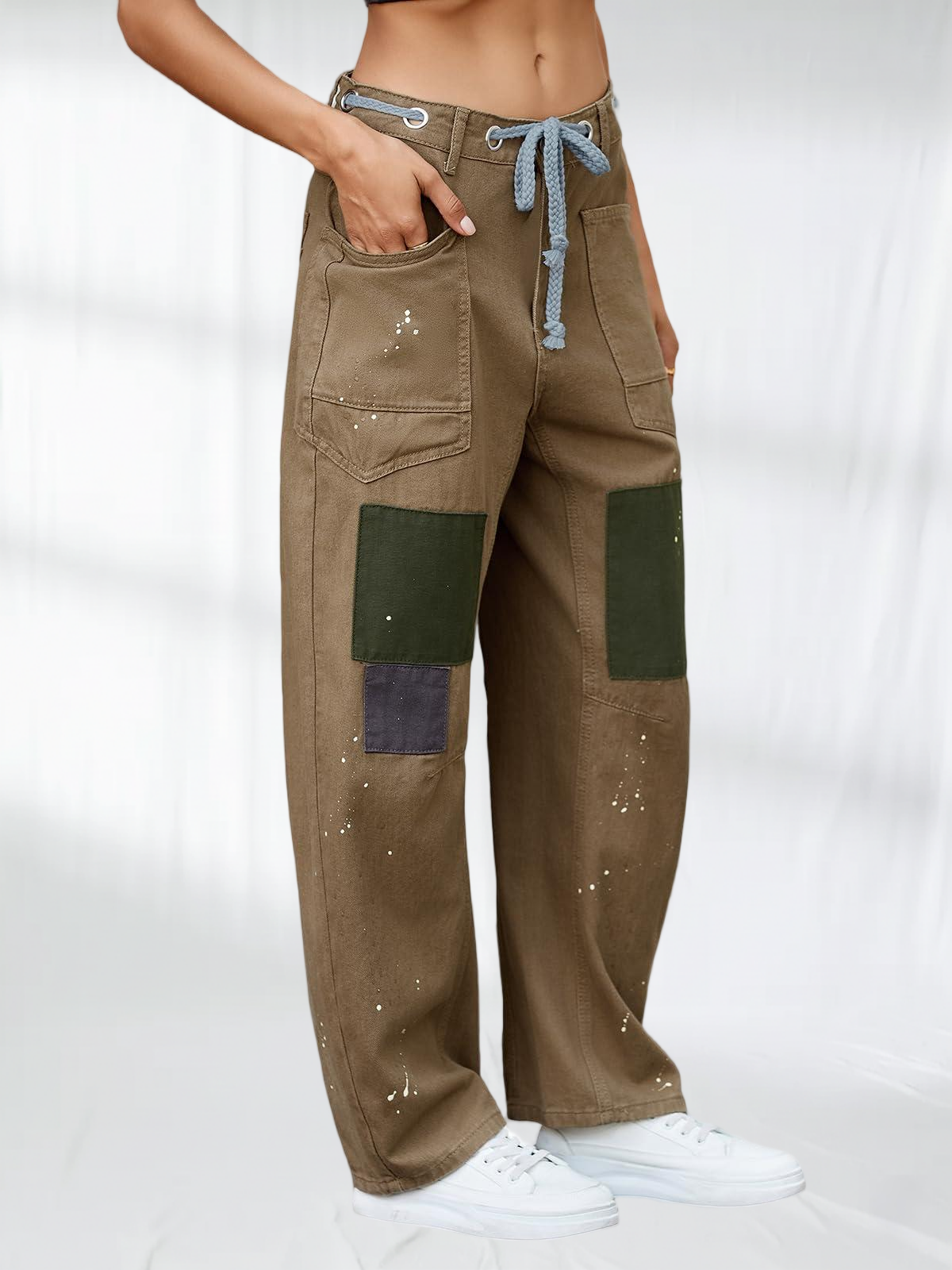 Imily Bela Womens Baggy Barrel Horseshoe Jeans Wide Leg Patchwork Low Rise Denim Pants with Pockets