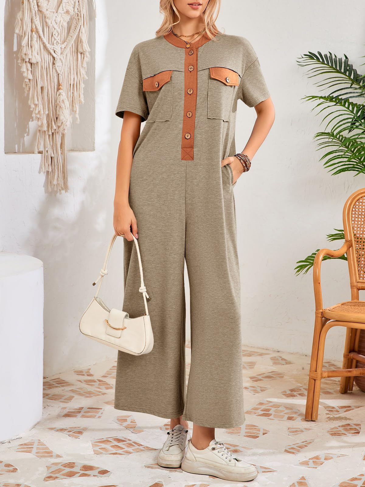 Imily Bela Womens Casual Loose Jumpsuits Short Sleeve V-Neck Button Down One Piece Outfits Wide Leg Summer Long Pant Rompers