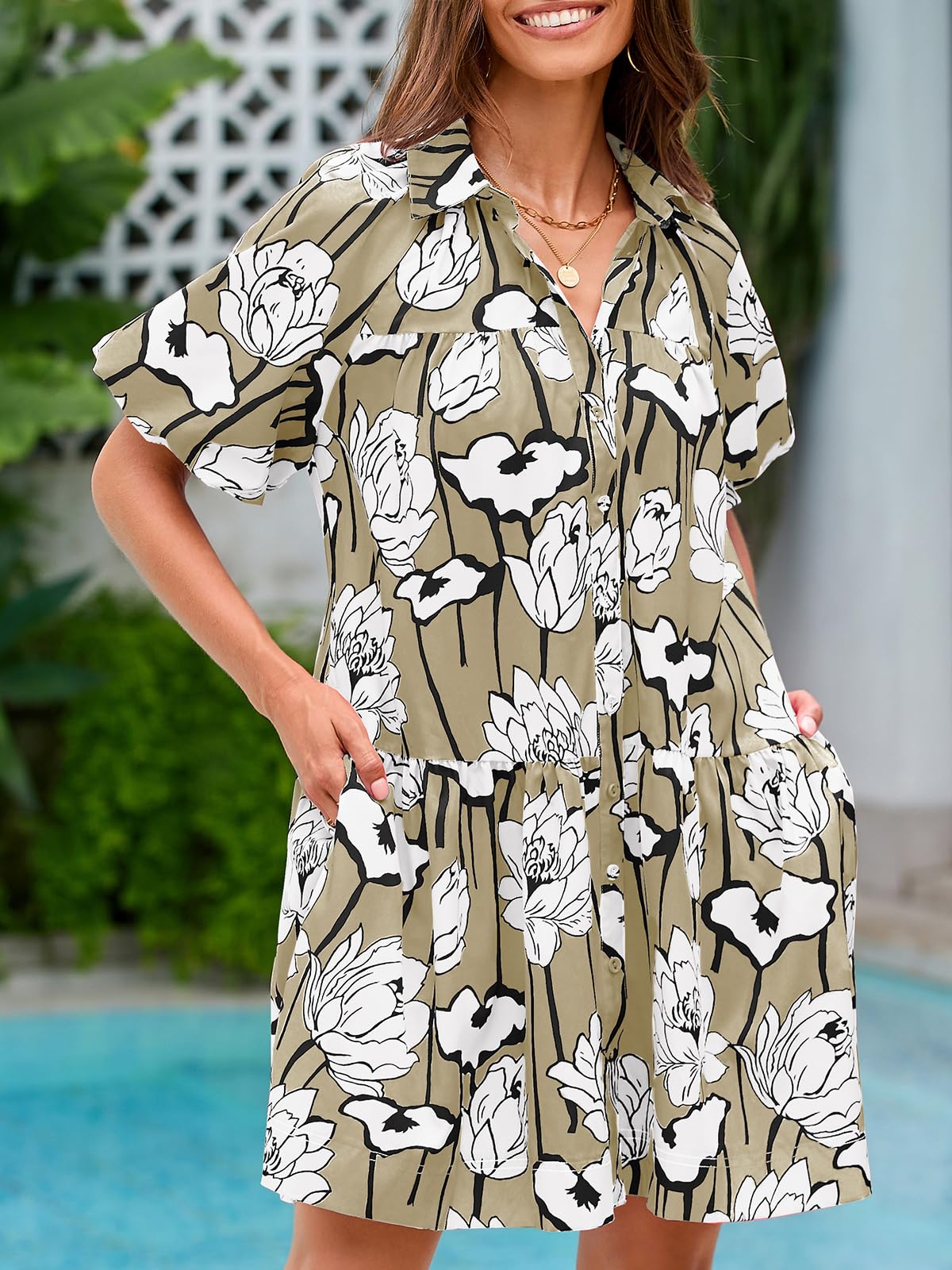 Imily Bela Women's Summer Button Down Shirt Dress Floral Puff Short Sleeve Casual Loose Fit Beach Mini Dresses