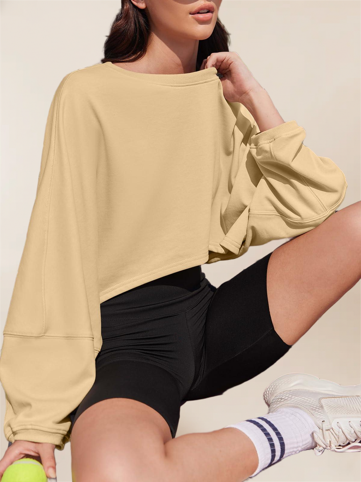 Imily Bela Womens Long Ballon Sleeve Sweatshirts Tops Cropped Crew Neck Loose Fit Casual Workout Shirts