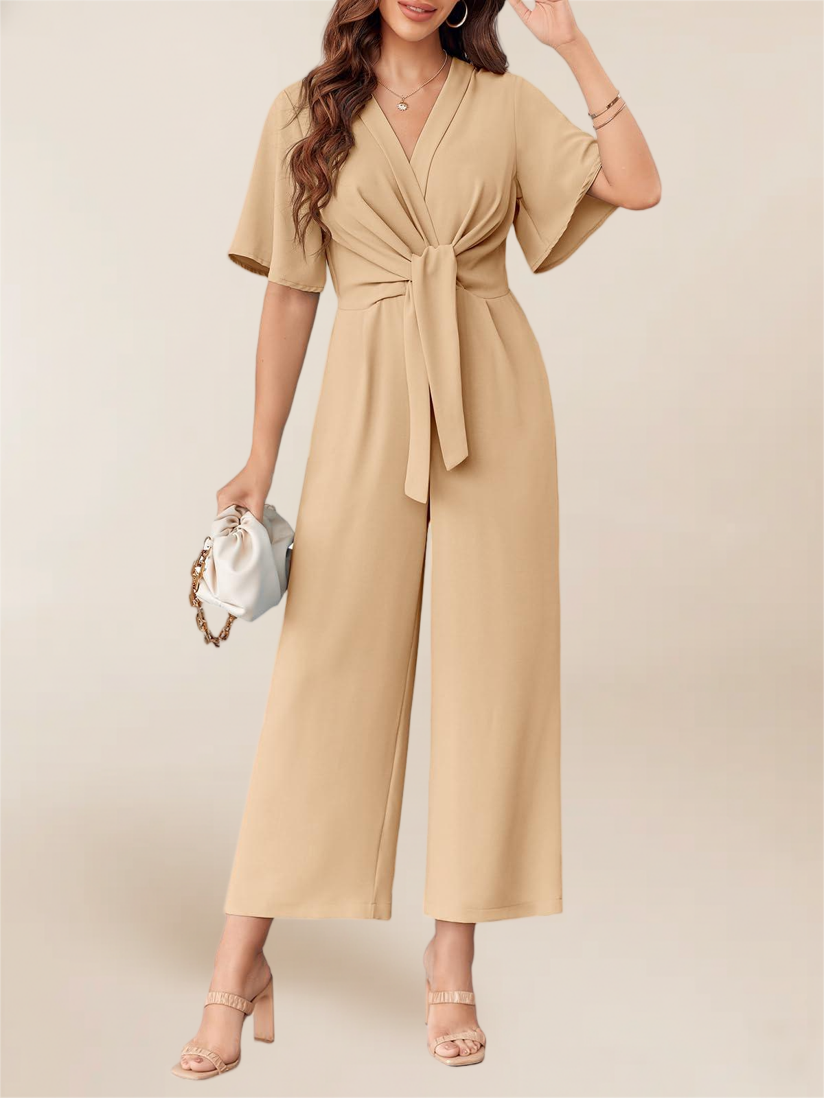 Imily Bela Women's Elegant V Neck Jumpsuits Dressy Casual Short Sleeve Wide Leg Long Pants Rompers