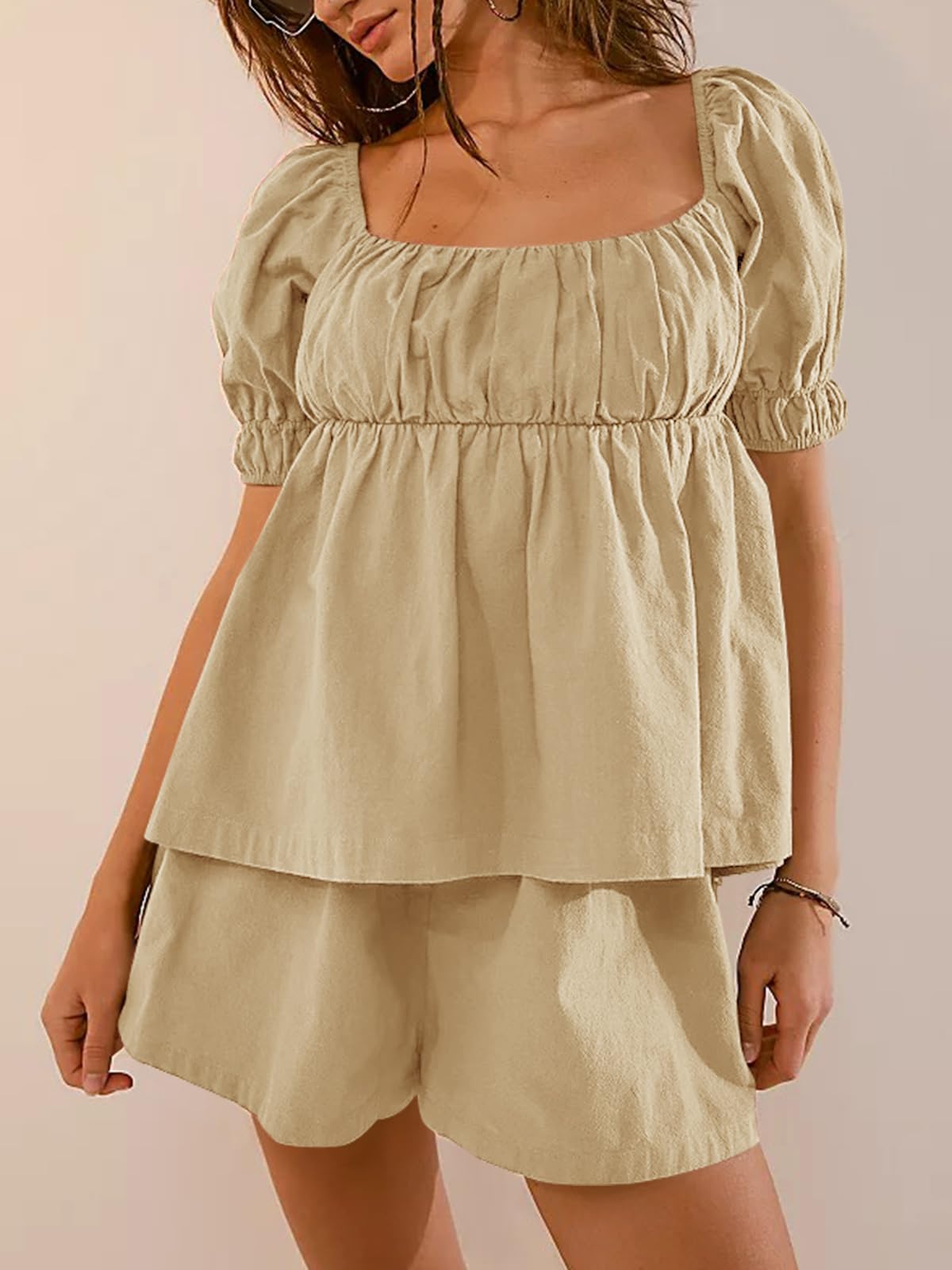 Imily Bela Womens 2 Piece Outfits Summer Square Neck Short Puff Sleeve Babydoll Tops And Shorts Matching Set