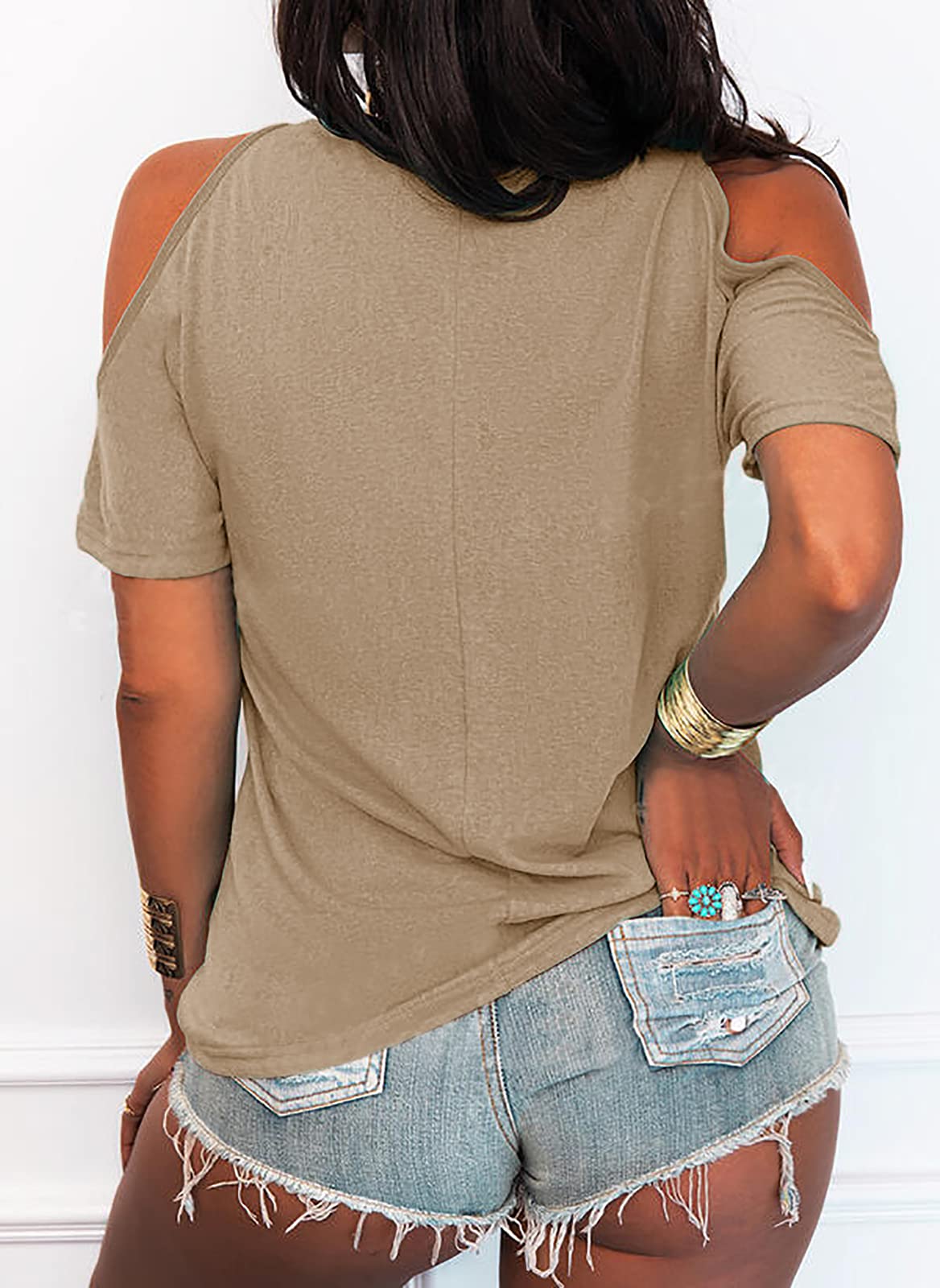 Imily Bela Women's Summer Cold Shoulder T-Shirt Casual Short Sleeve V Neck Blouse Top