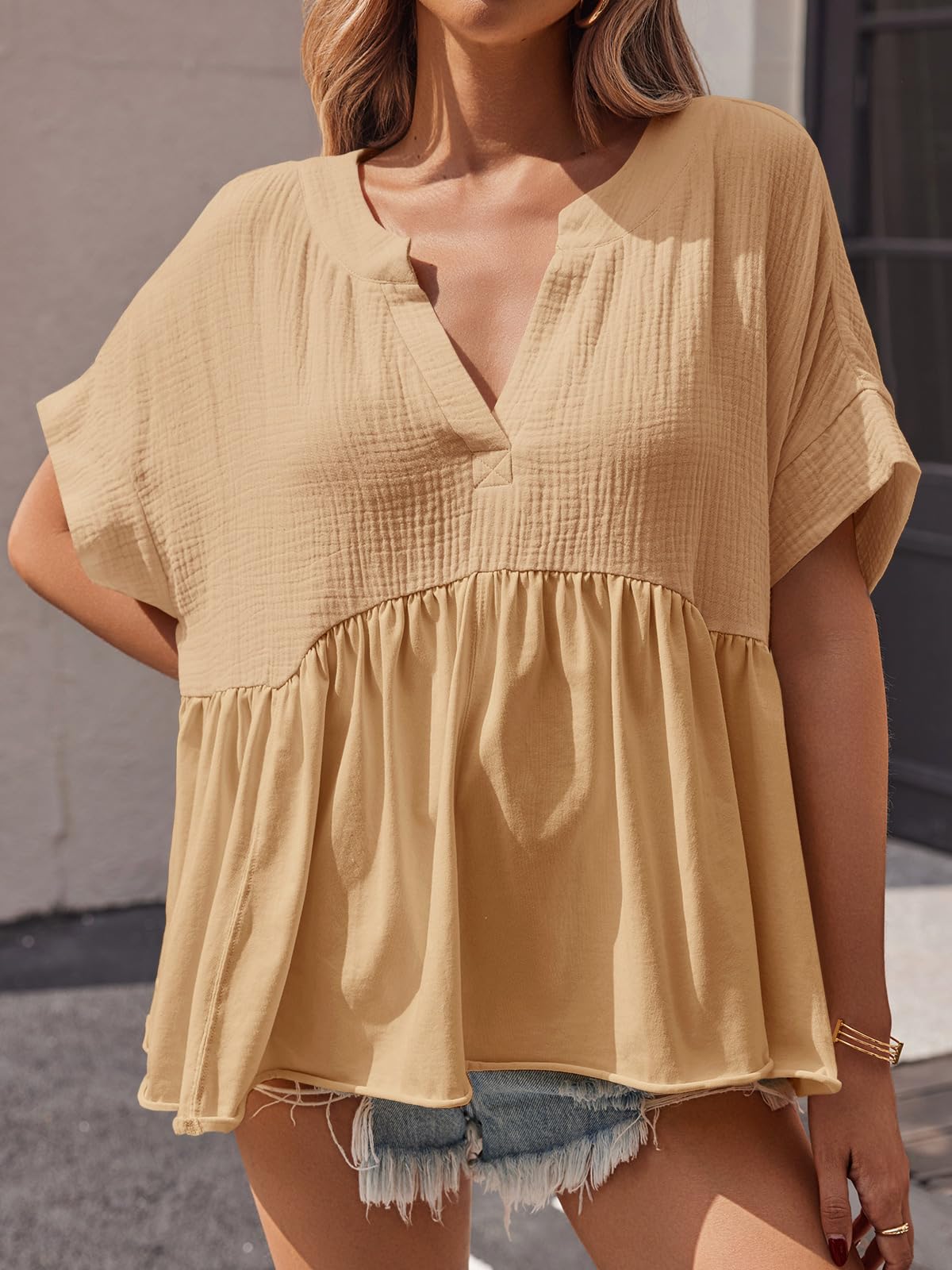 Imily Bela Womens Summer Babydoll Tops V Neck Short Sleeve Pleated Flowy Shirts Casual Loose Fit Peplum Blouse